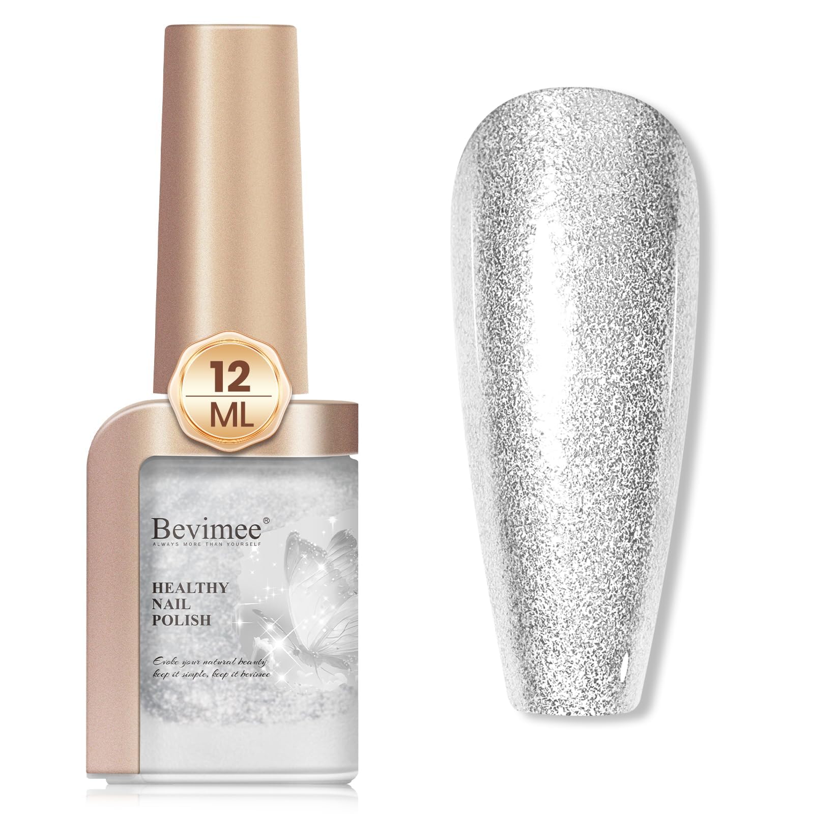 Bevimee Silver Glitter Nail Polish Quick Dry 12ML, Sparkly Shimmer Shine Holographic Shimmery Nail Lacquer Varnish Natural Nail Art for Beginner-1PC