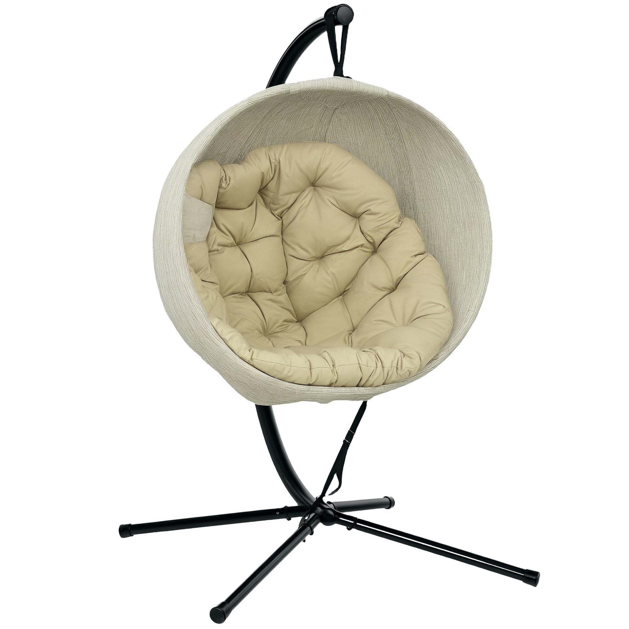 Outsunny Grey Hanging Egg Chair Outdoor Indoor Swing Chair, Folding Basket, - Khaki - Steel, Texteline - 116W X 125D X 172Hcm