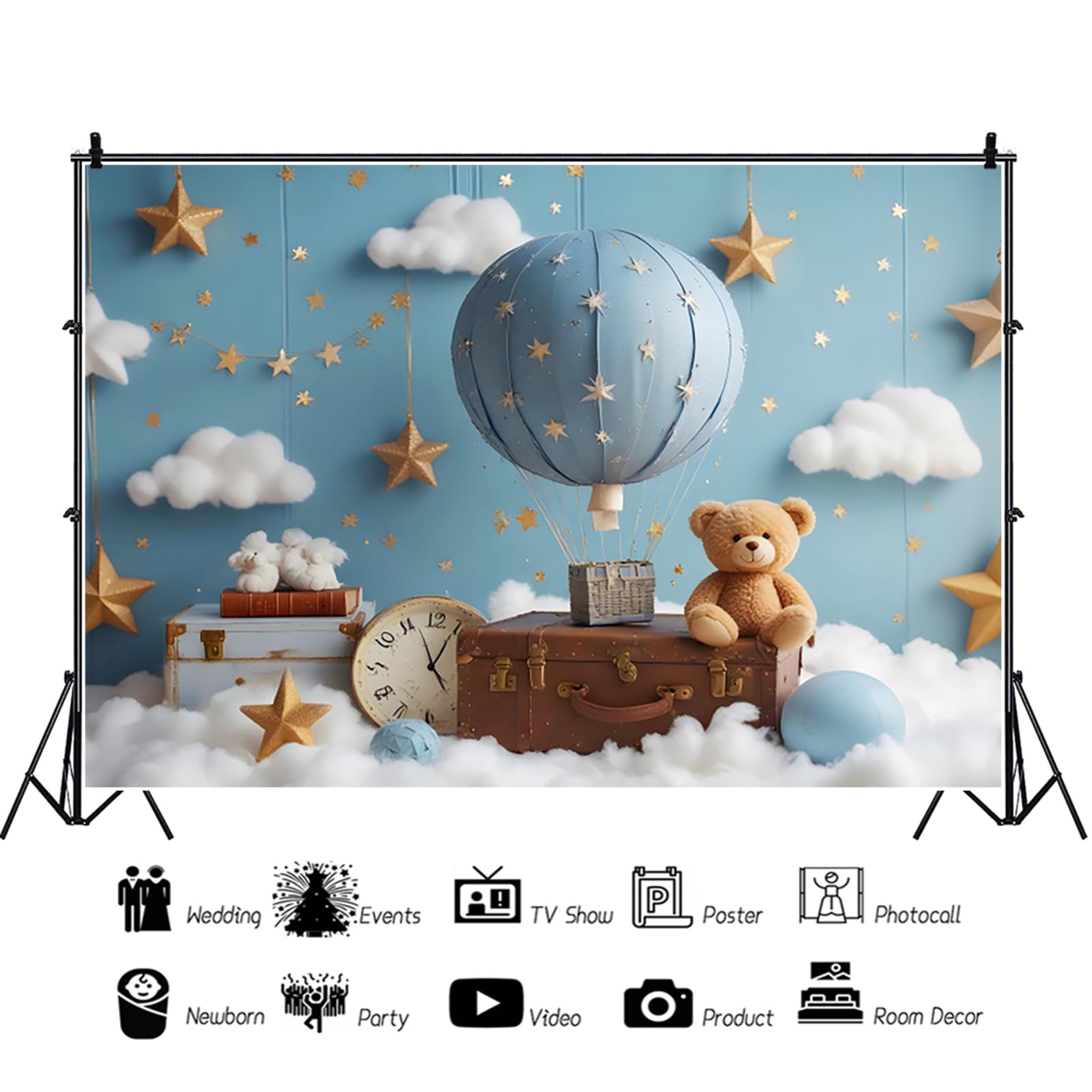 Fondo para Primer Cumpleaños 2.2x1.5m, Oso Azul con Globo Aerostático - Fotografía para Niño de 1 Año Baby Shower Fiesta Decor Banner Accesorios de Estudio