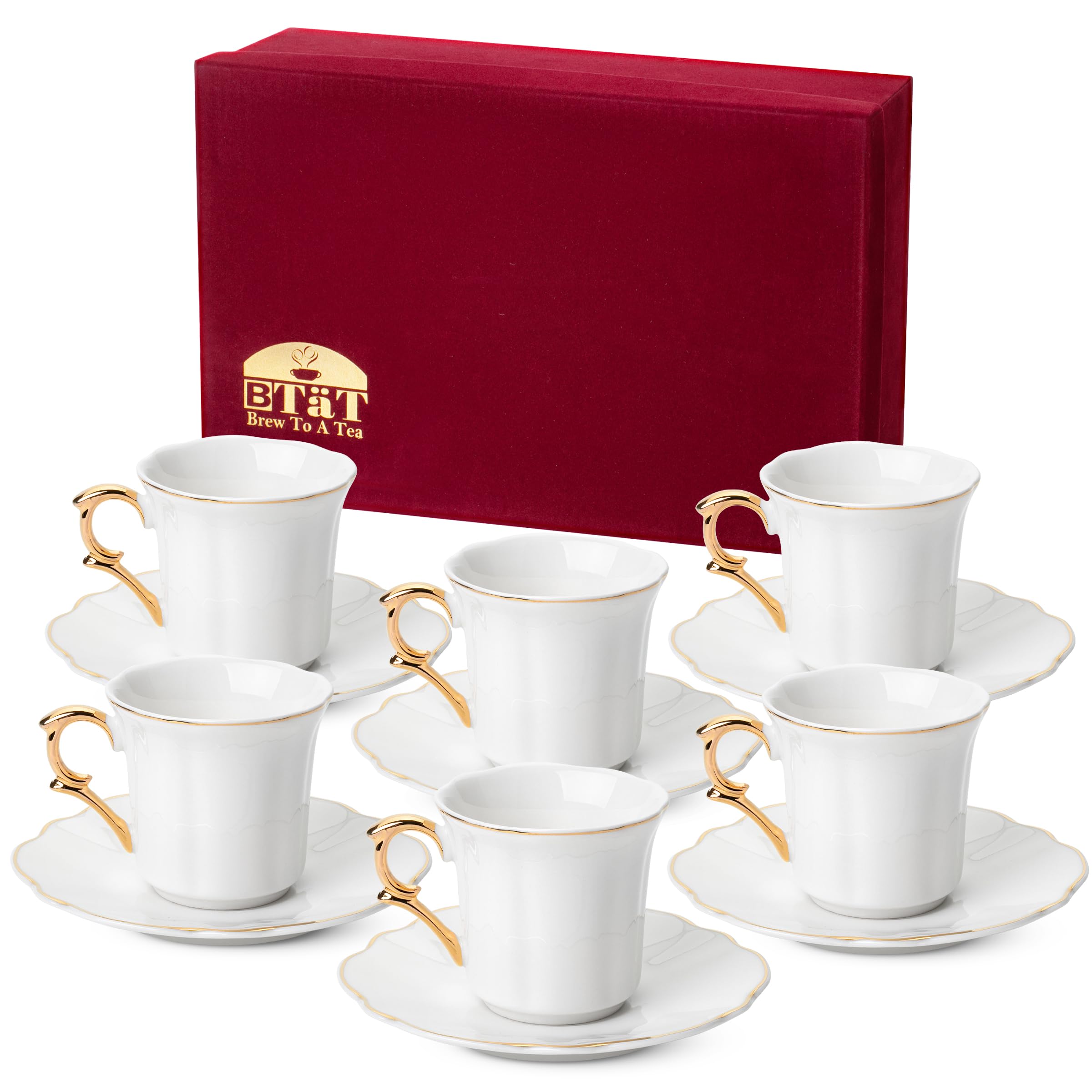 BTaT- Espresso Cups and Saucers Set of 6 With Gift Box, 3 oz, Demitasse Cups With Gold Rim, Porcelain