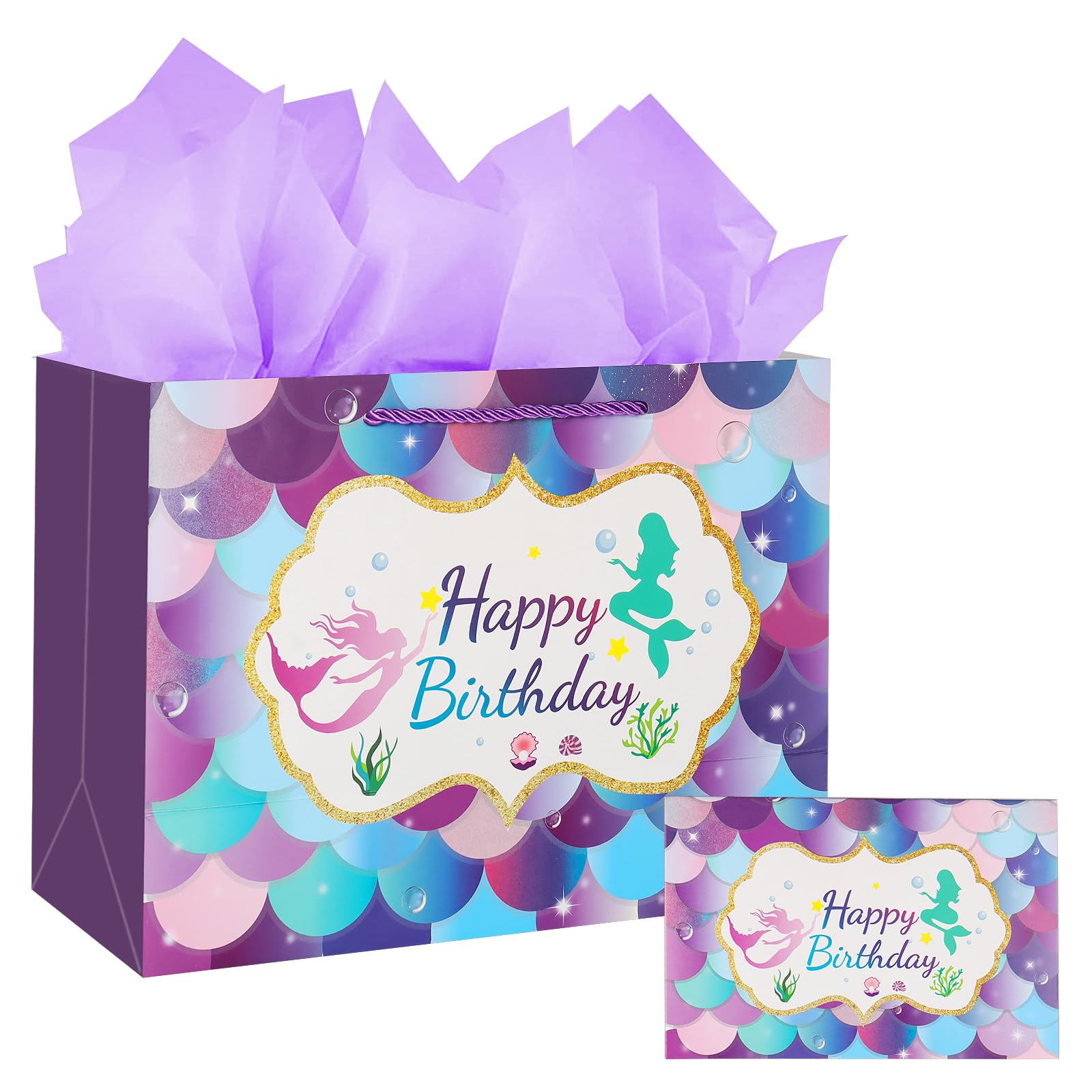 Purple Birthday Gift Bag-Medium Gift Bags for Present with 3 Tissue Paper and 1 Greeting Card for Kids Girls Women's Birthday Supplie Mermaid Design with Handles-30x12x22cm (1)