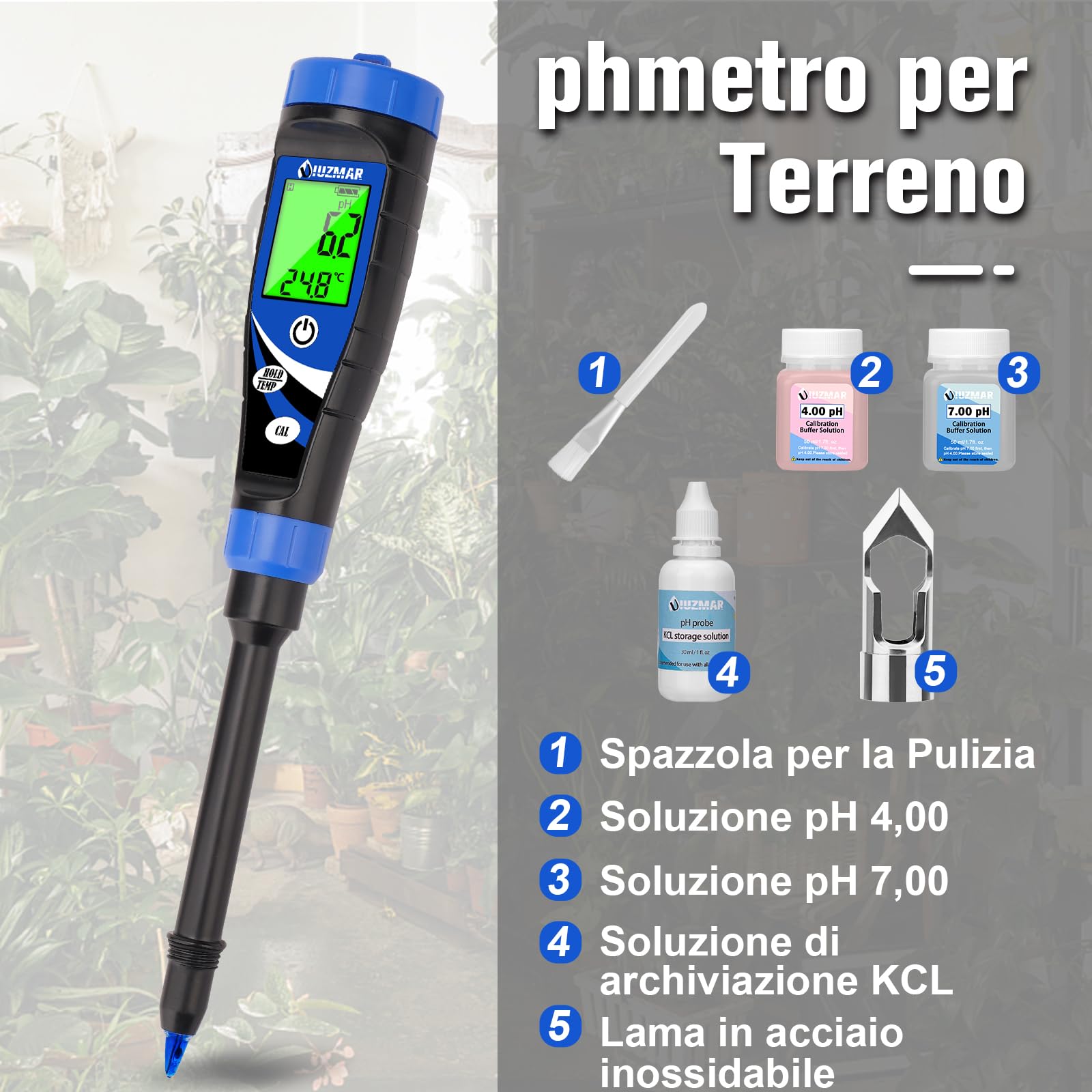 UIUZMAR Misuratore pH del Suolo 2 in 1, pH Terreno Tester per Piante, Kit per Test pH del Suolo e Acqua Strumento Professionale Misurazione pH Terreni per Idroponica