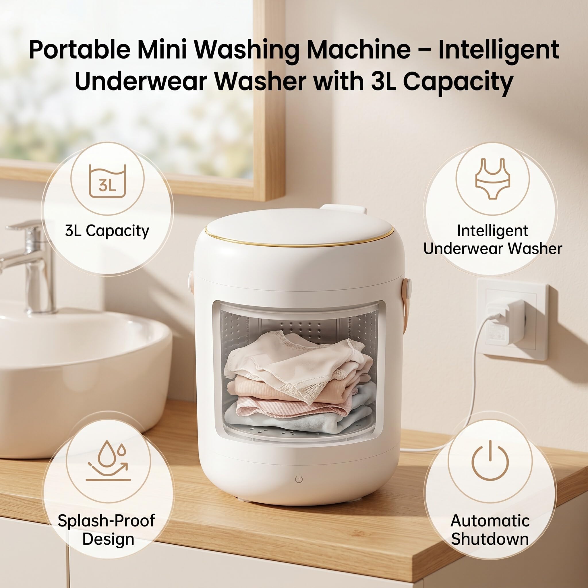 Mini machine à laver portable, turbine à ultrasons d'une capacité de 3 L, laveuse intelligente pour sous-vêtements, appartement, linge, camping, camping-car, voyage, bébé (blanc)