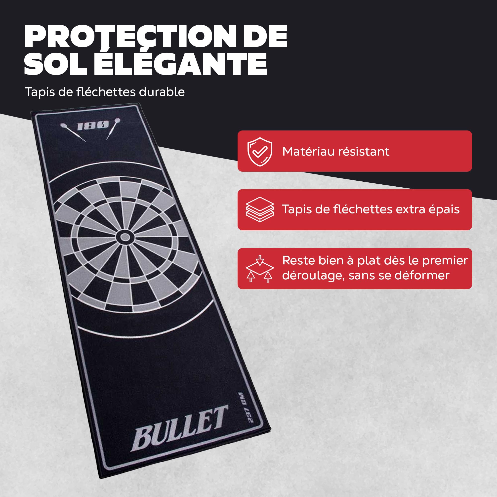 Tapis de fléchettes professionnel - 237 x 80 cm - Accessoire de fléchettes pour la maison, le bureau, le pub, les fêtes - Tapis de fléchettes avec indicateur de taille de tournoi et ois - Tapis de