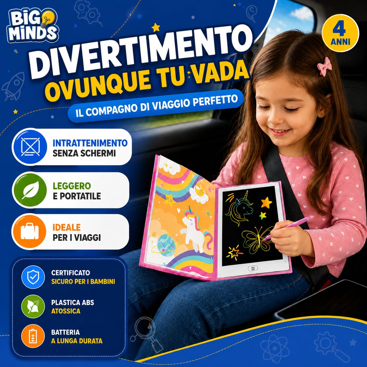 Big Minds - Tavoletta Grafica Bambini Rainbow LCD | Lavagna Per Bambini Formato Libro | Lavagnetta Cancellabile 20 Modelli Reversibili | Lavagna Magica Per Bambinii | Giochi Bambina 4 Anni