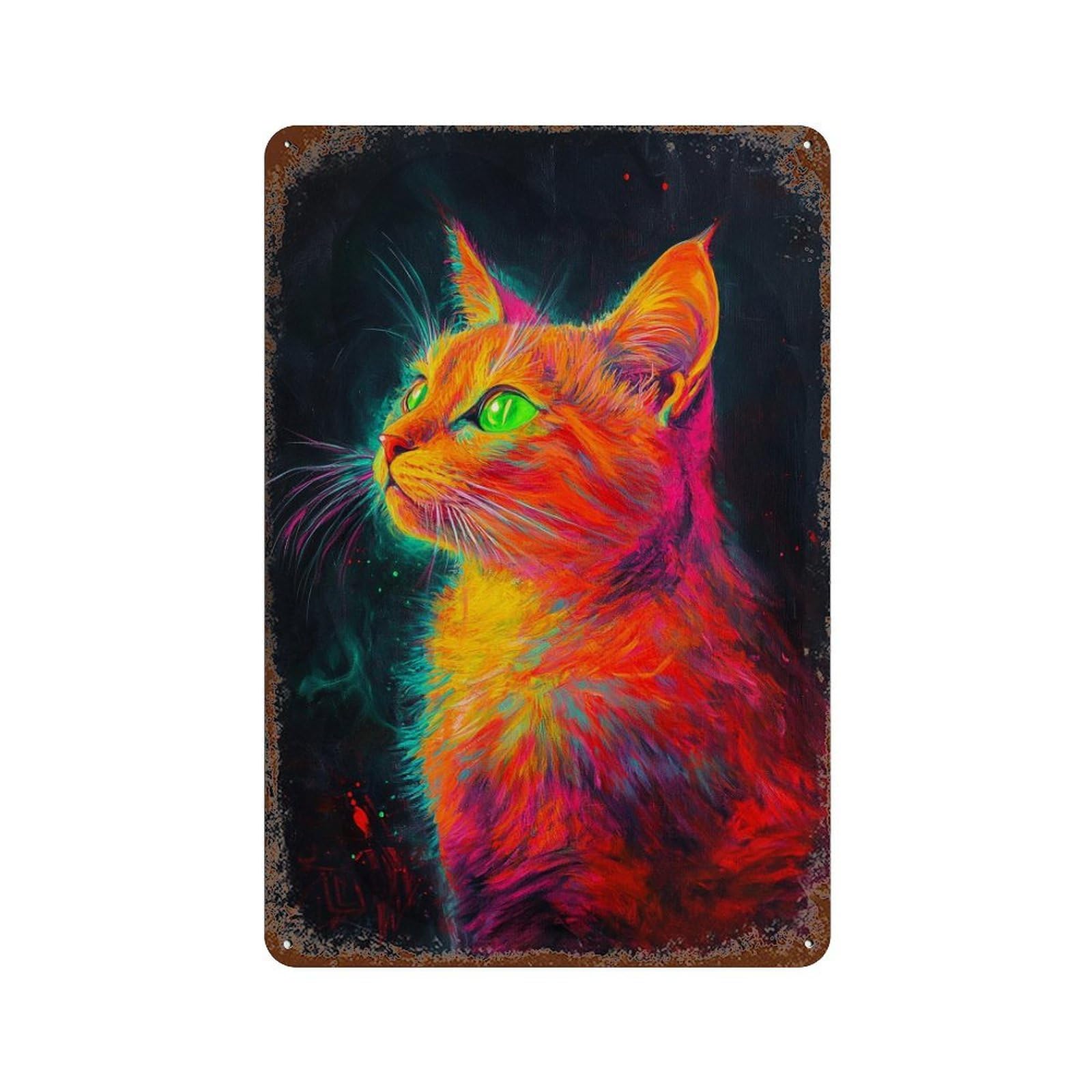 Rust Effect Colorful Neon Cat Art Print-2 Aged Metal Wall Plaque 11.8"x7.9", Shabby Chic Decor for Living Room, Hallway And Home Decor