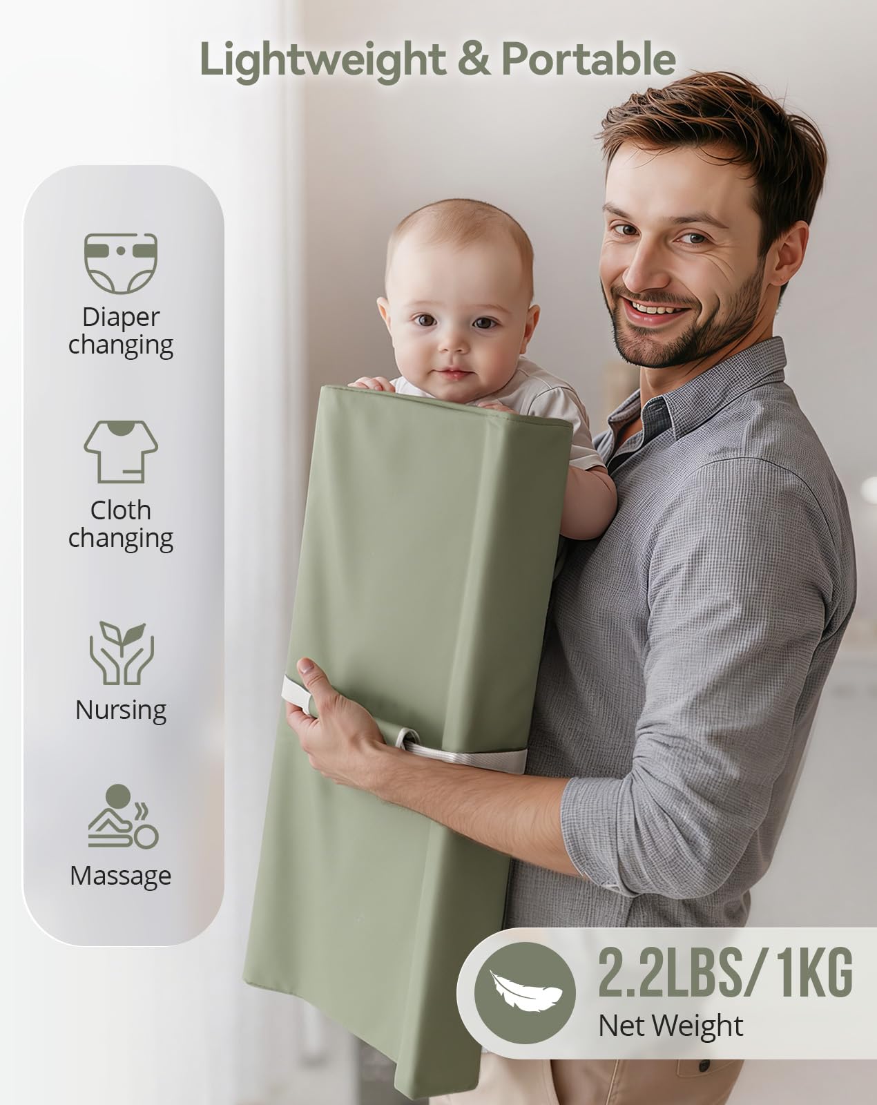 COMOMY Veganes Leder Keil Wickelauflage Abwaschbare, Wickelunterlage mit Sicherheitsgurt & Anti-Rutsch-Unterseite, Weiche Wickelmatte für Kommode und Tisch (Grün)