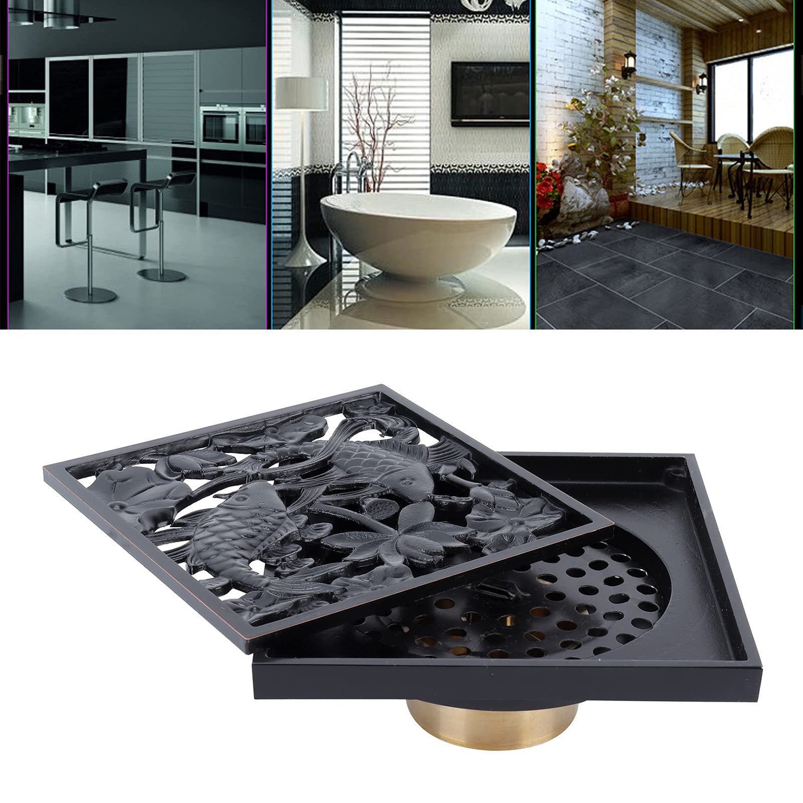 TOPINCN Afvoerputje, 10 cm Badkamer Douche Antiek Messing Afvoer Zeef Cover Rooster Vierkante Douche Afvoer met Onzichtbare Look (#1
