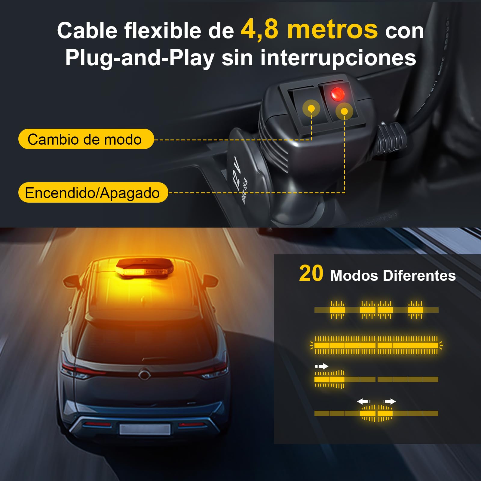 Luz LED Estroboscópica, 12V-24V, Base Magnética, Amarillo | Cable de 4,8m con Mechero, para Tractor, Camión, Grúa y Furgoneta, 20 Modos con Memoria, Impermeable IP65