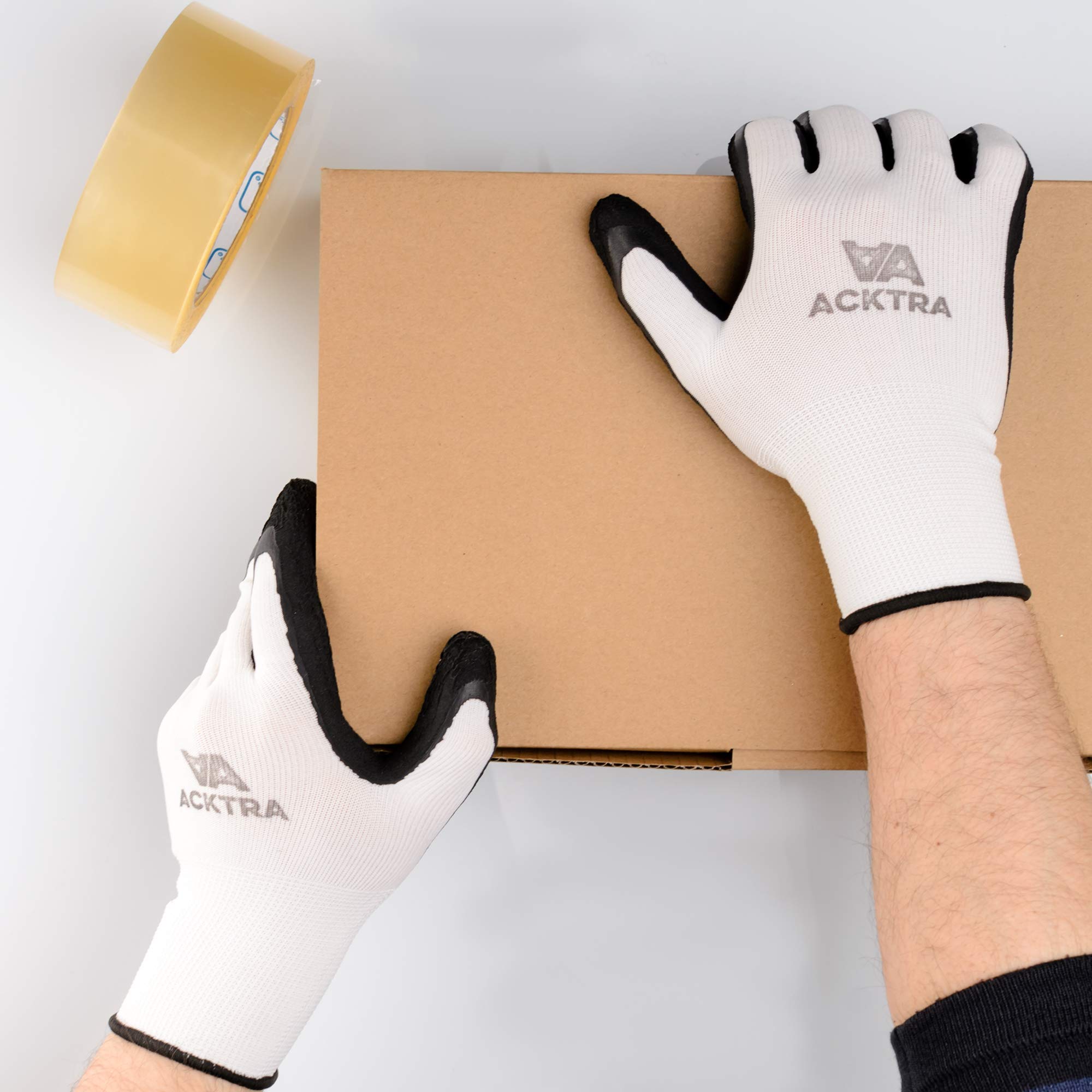 ACKTRA Guantes de trabajo de seguridad de nailon recubierto, 12 pares, puño de muñeca de punto, multiusos, para hombres y mujeres, WG009 poliéster rojo, látex negro, talla S