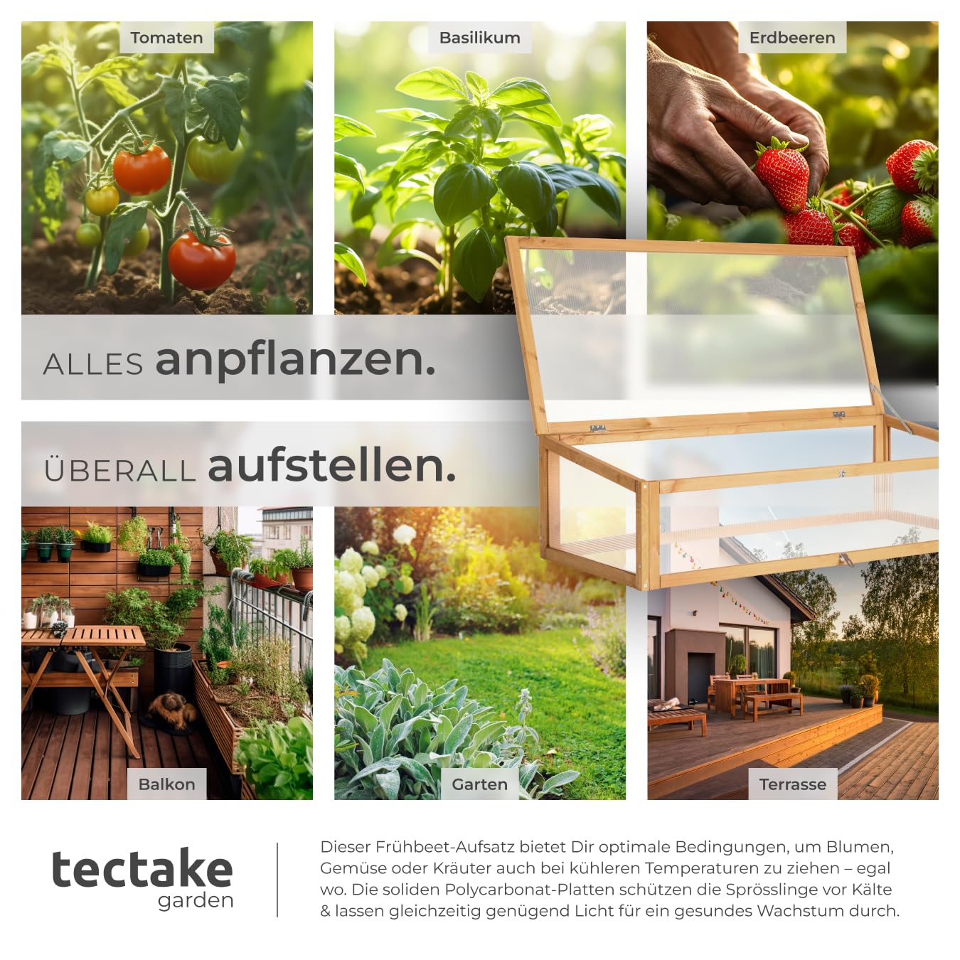 tectake® Frühbeet Aufsatz aus Holz, witterungsbeständig, Schutz vor Wind und Wetter, Frühbeetaufsatz mit funktionellen Hohlkammerplatten, 115 x 53 x 34 cm, kombinierbar Hochbeet 403232