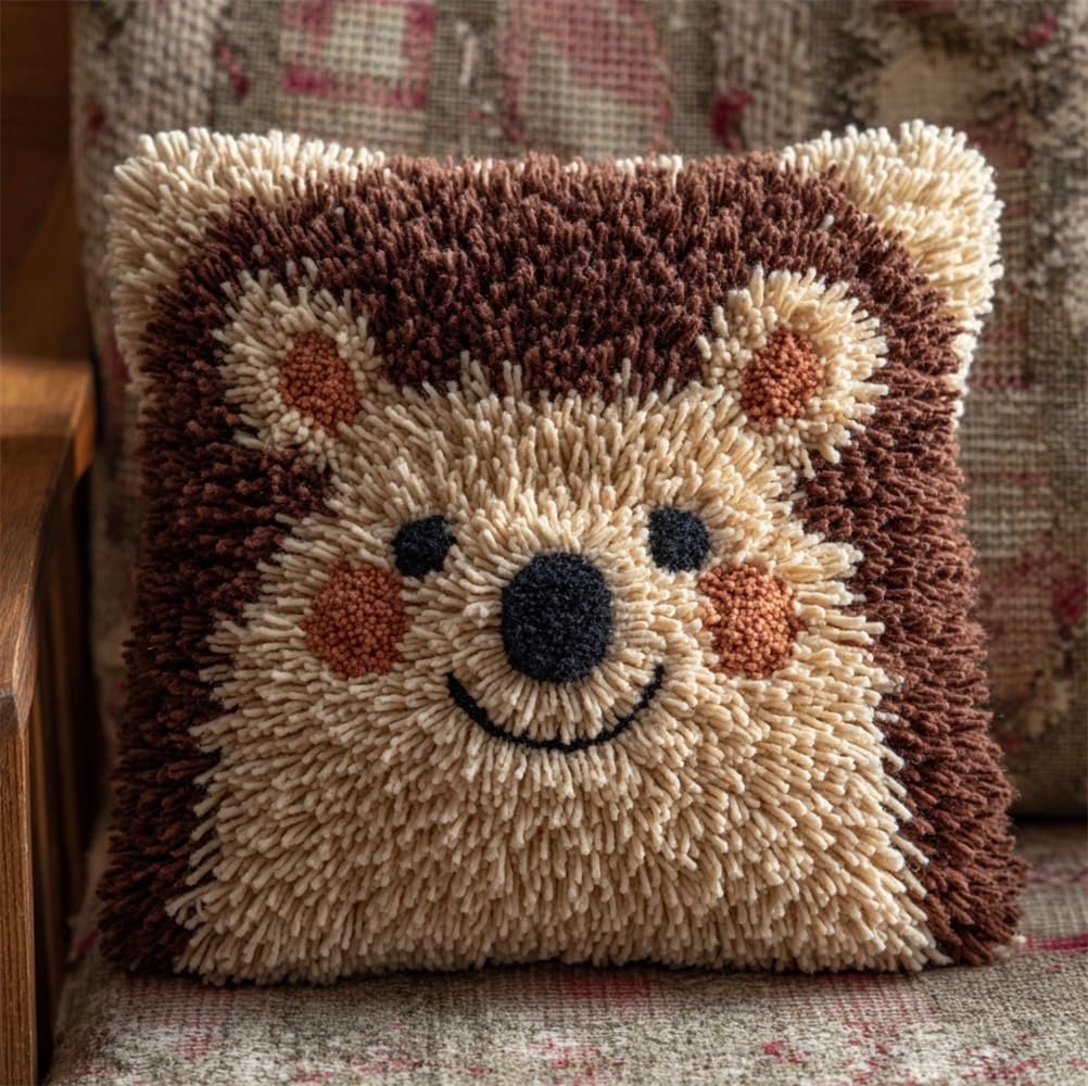 kitphoenix Latch Hook Kit Cushion for Adults,Smiling Hedgehog DIY Craft Latch Hook Rug Kits Embroidery Pillow Cover Kit for Christmas/Gifts,17X17Inch