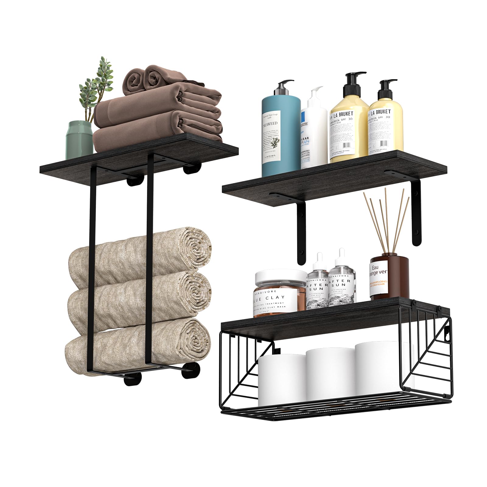 Nuoex Bathroom Shelf Over Toilet, Set of 3 Floating Bathroom Shelf Wall Mounted with Towel Rack and Toilet Paper Storage, Floating Shelf for Bedroom, Living Room, Kitchen, Black