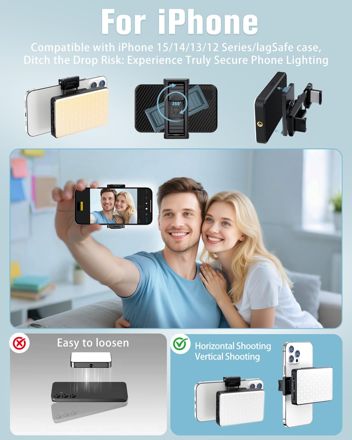 120 LED Selfie Lumière pour iPhone, 3000 mAh Rechargeable Portable Selfie Lumière avec 6 filtres de Couleur, IRC 95+ 2500K-9000K Lumière réglable pour Enregistrement vidéo