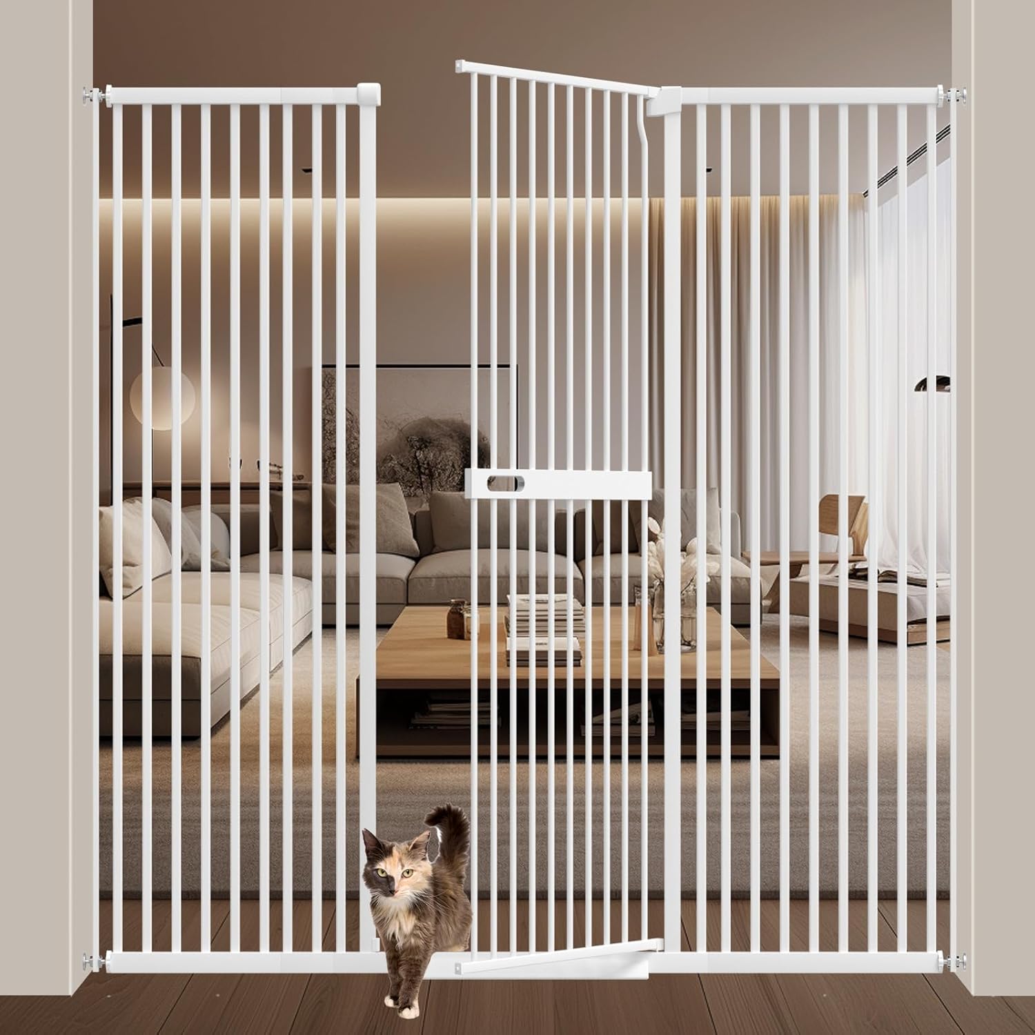 61.02" Extra Tall Cat Gate Wide Pressure Mounted Metal Tall Pet Gates for Doorways 59.44-65.35"/151-166cm White Metal