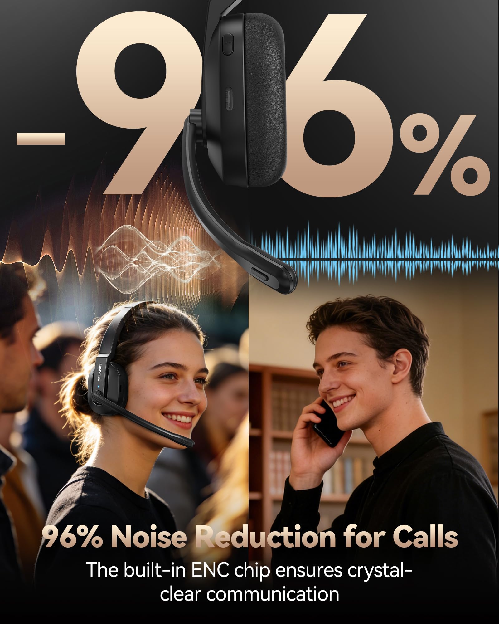TECKNET V5.2 Bluetooth Headset mit Mikrofon, Wireless Headset mit Ladestation, MIC ENC Noise Cancelling kopfhörer, USB-Dongle, On-Ear Headset kabellos für Trucker/Callcenter/Büro – 60+ Std. Akku
