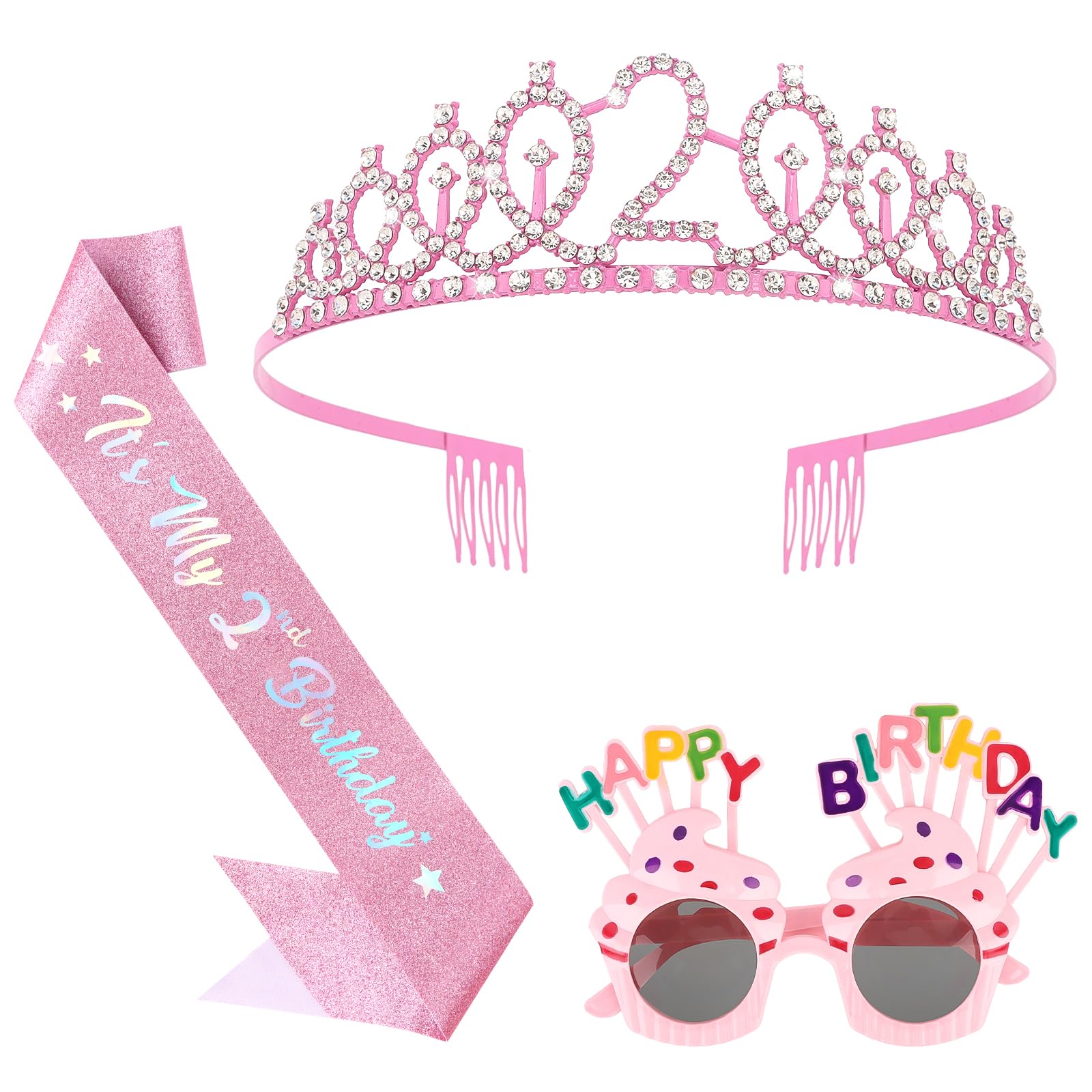 2nd Birthday Decorations 2nd Glitter Sash and Crown Kit with Happy Birthday Sunglasses, Tiara Princess Crown and Sash Party Outfit Accessory