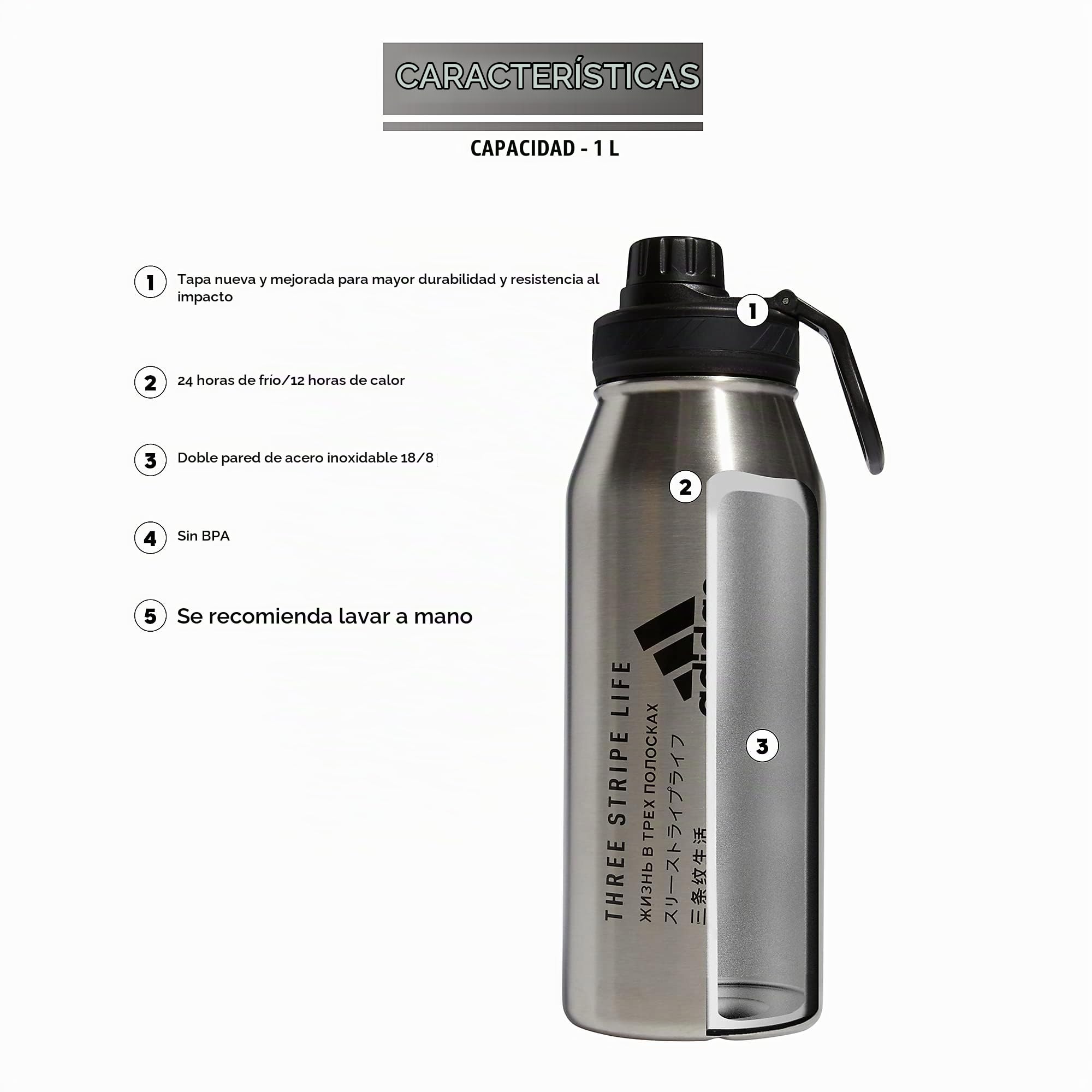 adidas Botella de agua de metal estándar de 1 litro (32 onzas), aislada de doble pared caliente y fría 18/8, acero inoxidable/negro, talla única