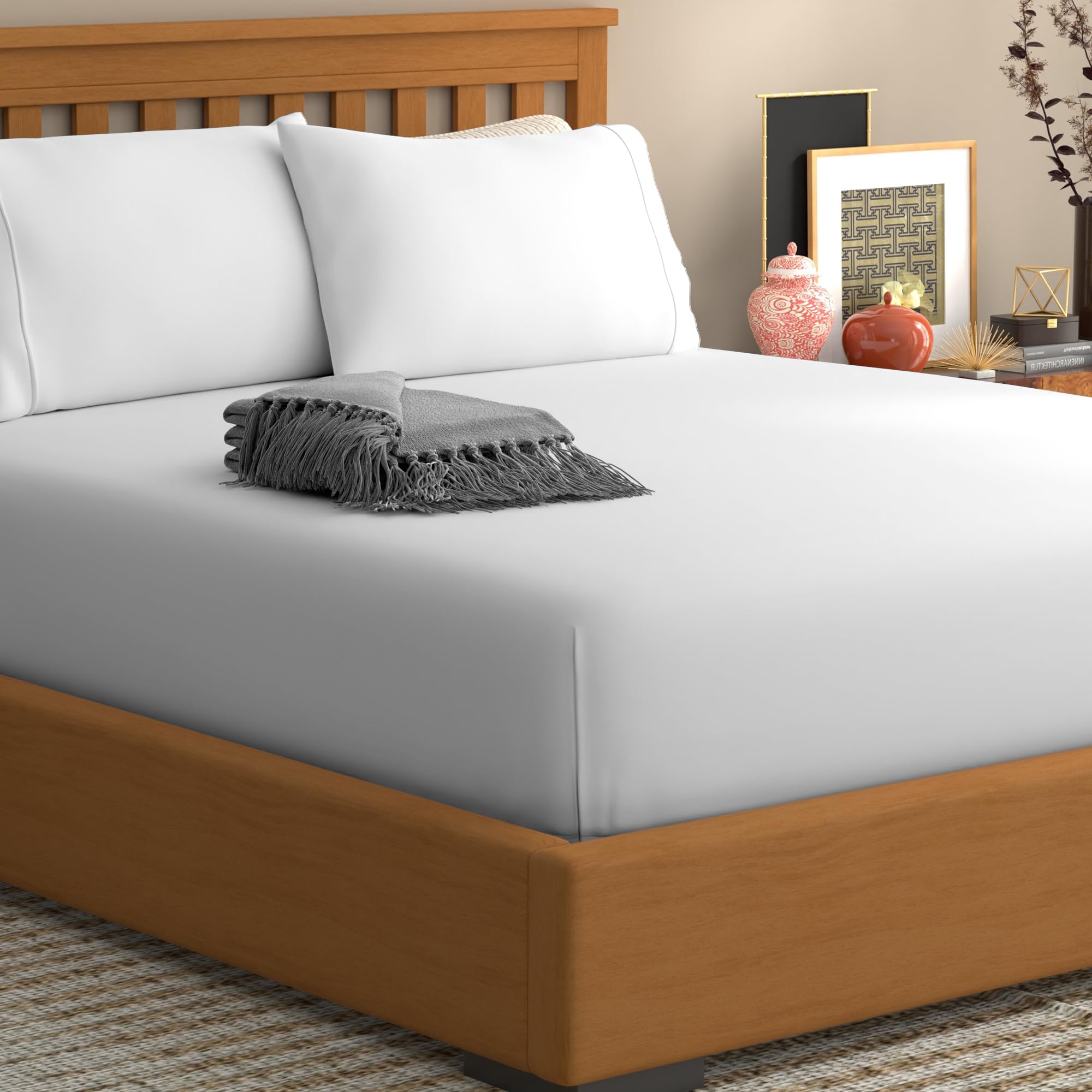 Premium 300 Thread Count Double Fitted Sheet with Deep Pockets - 100% Cotton - Soft & Silk...