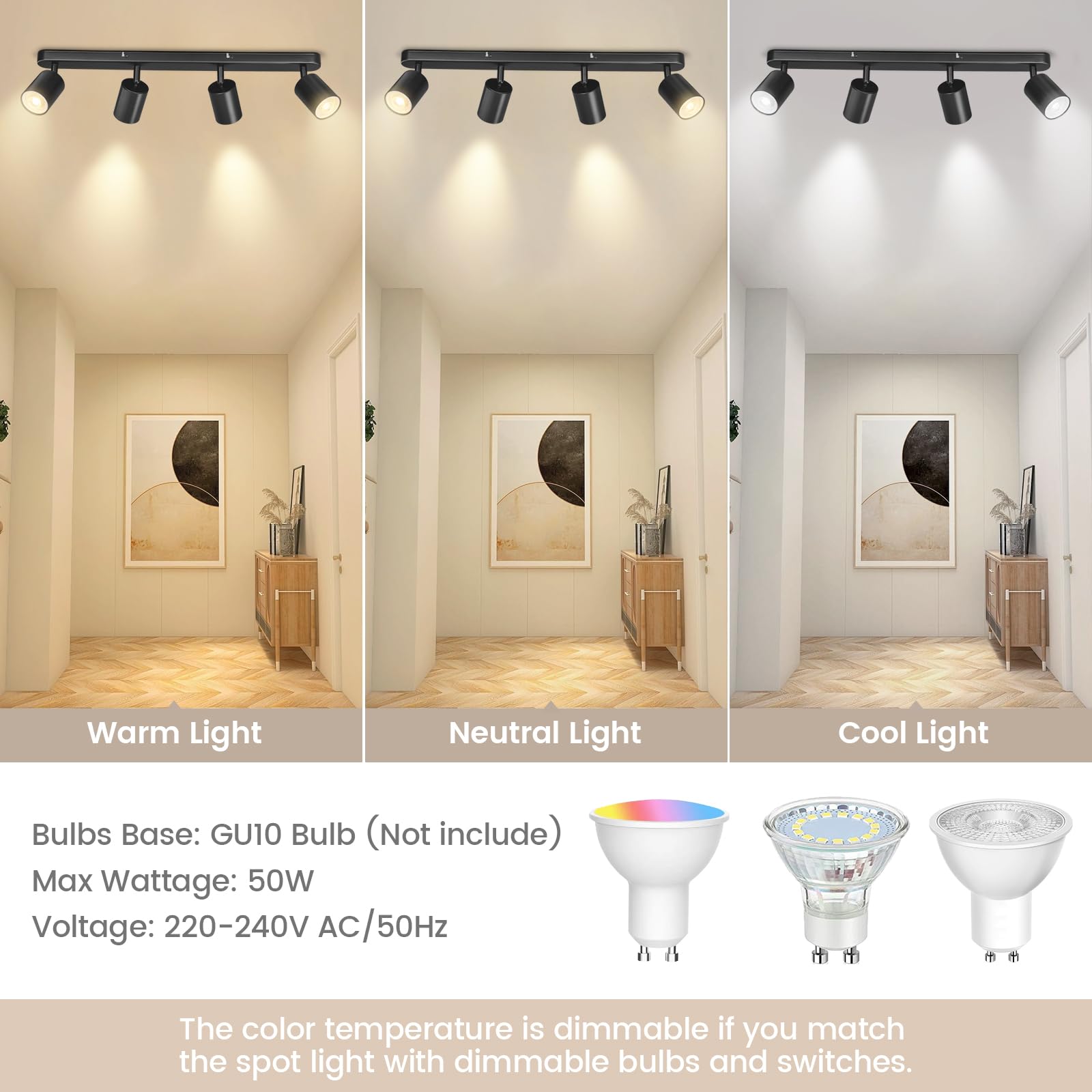 Focos Techo, GU10 Lámpara de Techo con 4 Focos, Lámpara de Pared Interior LED Negro Orientables, Modernas Focos para el Techo para Salon, Dormitorio, Cocina, Pasillo, Sin Bombilla