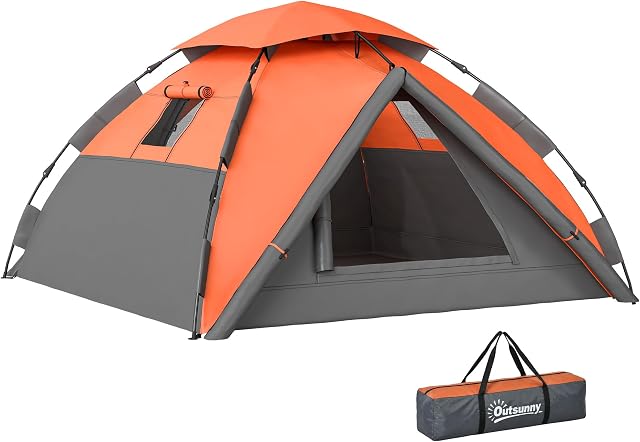 Outsunny Camping Tent, 3-4 Person Pop up Tent, 3000mm Waterproof, Quick Setup with Carry Bag and Top Hook, for Fishing Hiking Festival, Dark Grey and Orange