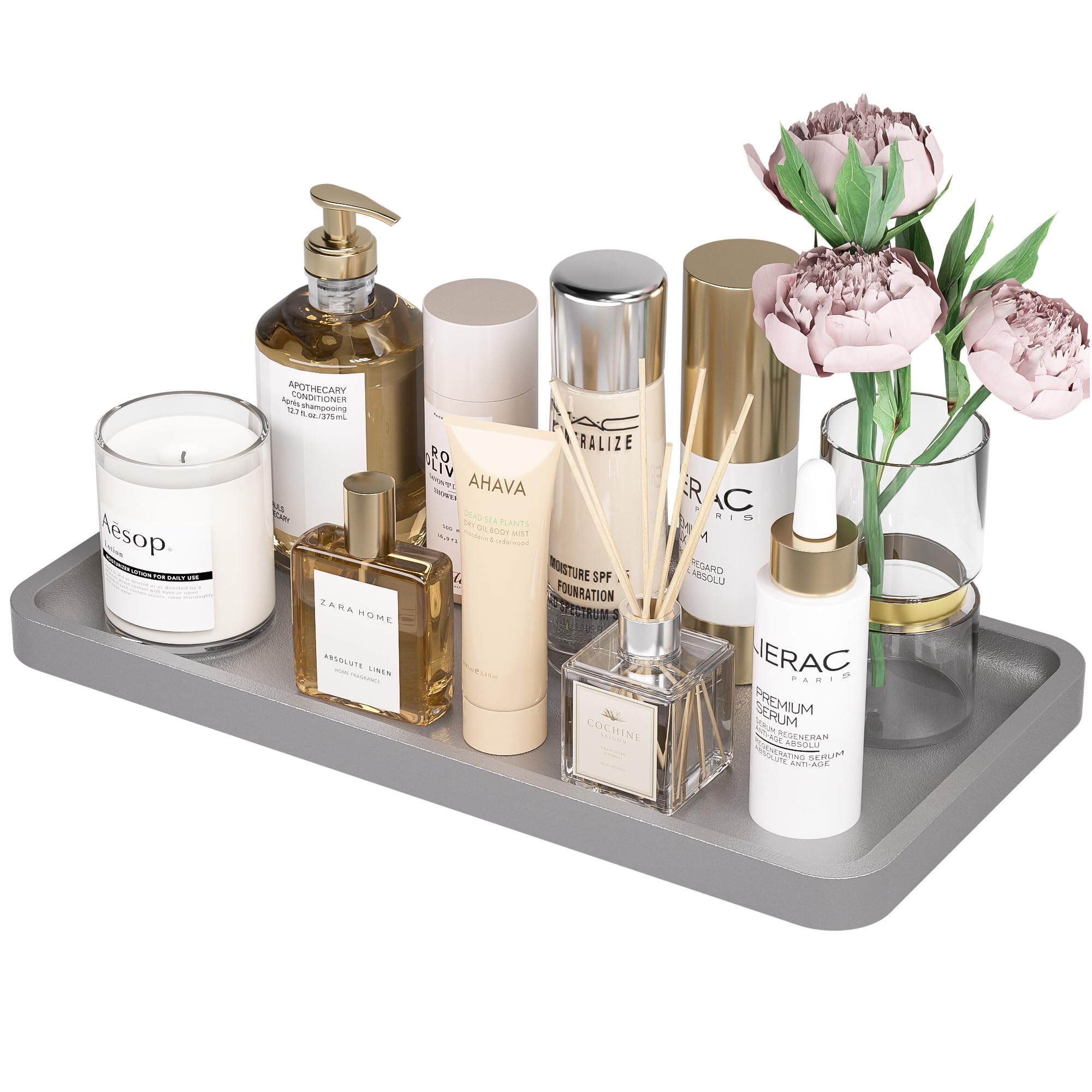 Weenson Bathroom Vanity Tray for Perfume Makeup Jewelry Decor Candle, Bamboo Kitchen Tray for Soap Dispenser Spice, Coffee, Toilet Tank Tray Nightstand Silver 11.81”L x 6.1”W x 0.79”H