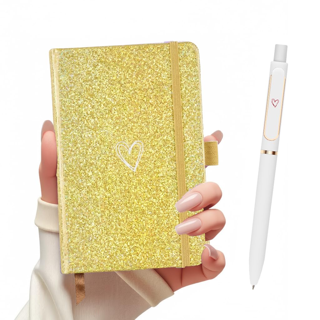 ZTUOK Glitter Laser A6 Notebook with Pen, Lined Journal A6 Notepad for Girls Women,Cute Bling Diary with Heart-Shaped College Ruled Hardcover Notebook for Work School, Note Taking, Business (Yellow)
