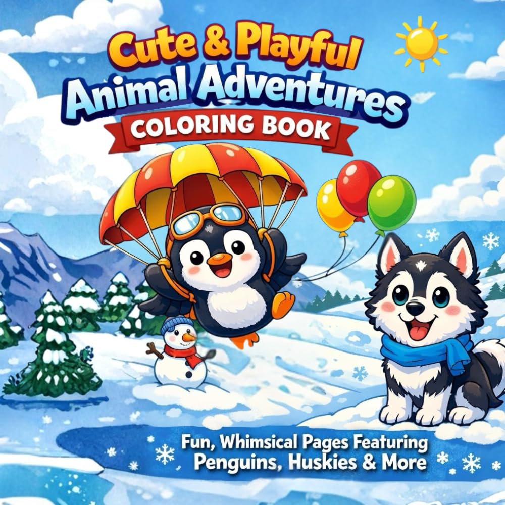 Cute & Playful Animal Adventures Coloring Book: A Fun and Relaxing Coloring Book with Flying Penguins, Lovely Huskies, and Adorable Animals for Kids and Adults