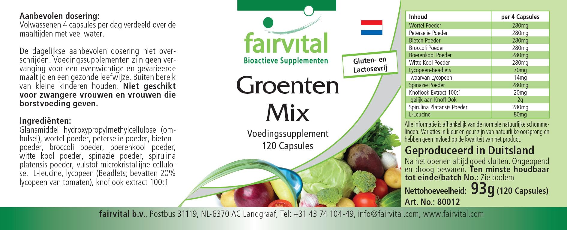 Fairvital | Verdure Pur - 1 mese - VEGAN - alto dosaggio - 120 capsule - 10 varietà di verdure