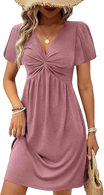 Acelitt Womens Casual Summer Twist Front V Neck Short Sleeve Mini Dress, S-XXL