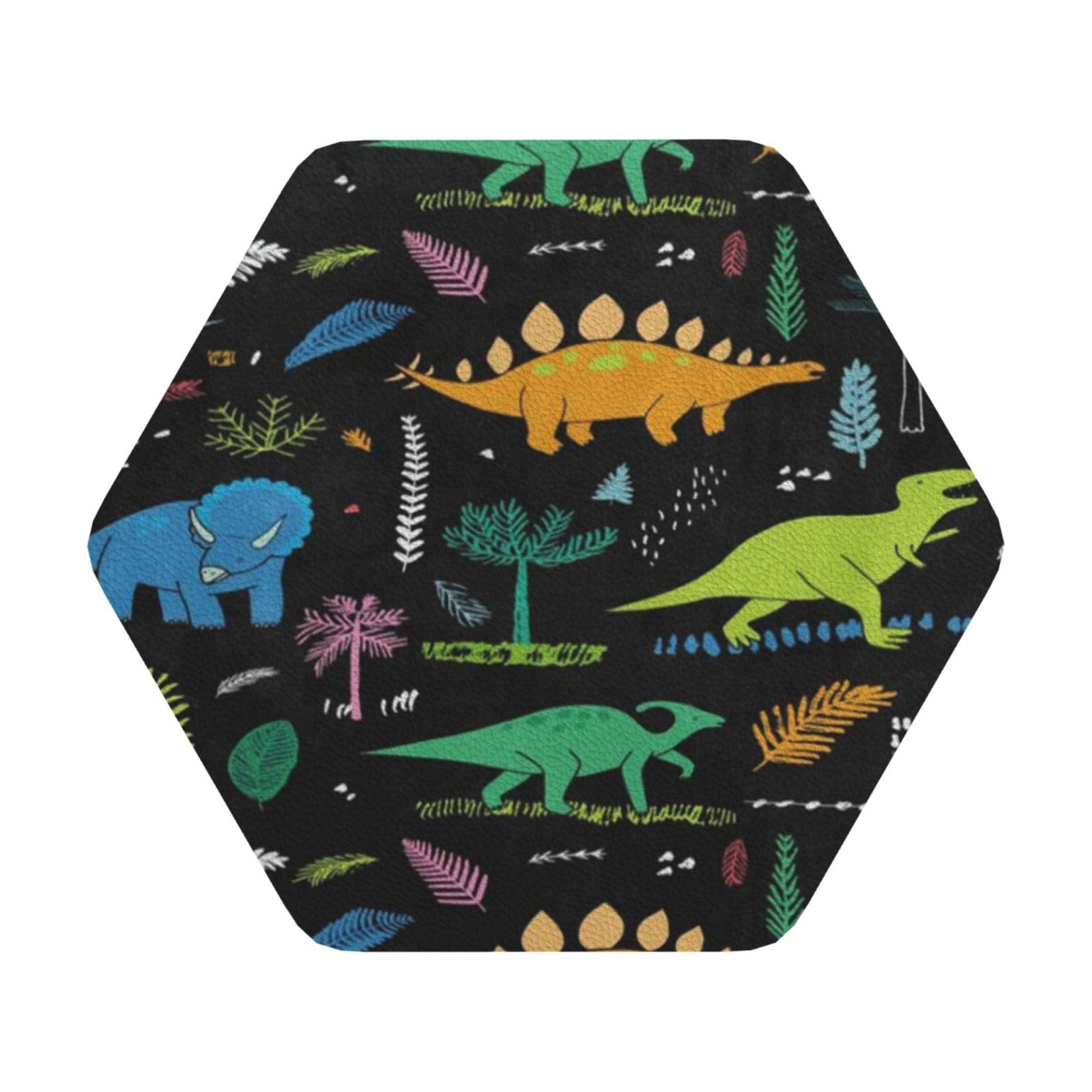 Dinosaur Palm Leaf PU Leather Coasters Set of 6 Hexagon Drink Coasters