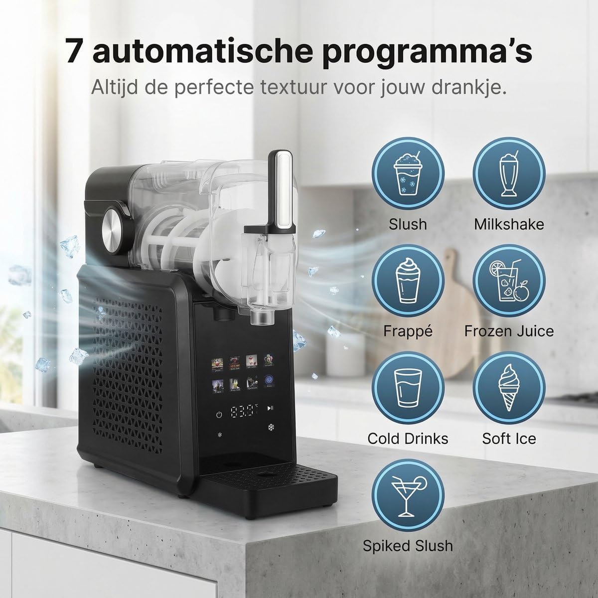 LED screen displaying 7 automatic programs for the slushie maker