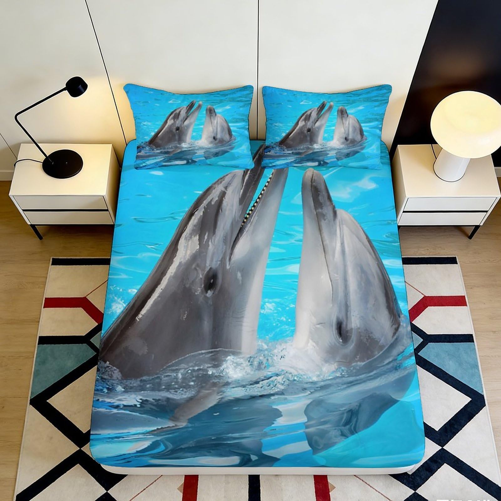 3D Printed Dolphin Blue Fitted Sheet Microfiber Soft Breathable Ocean Wave Bed Cover for Bedroom Dormitory Guest Room Mattress Protection Decor 120x200x25cm