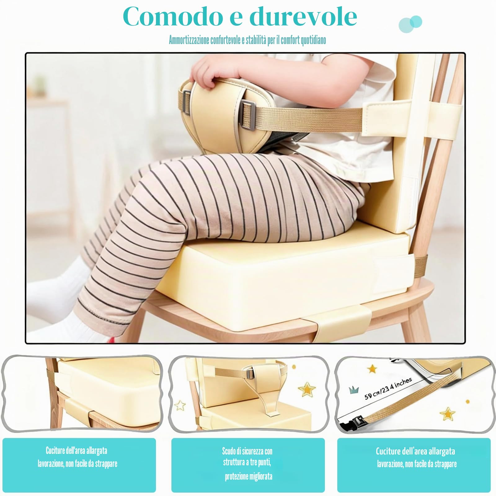 Seduta Rialzata per Bambini e Neonati, Impermeabile in Poliuretano, Con Schienale e Cintura di Sicurezza Regolabile a 3 Punti, Cuscino per Seggiolone Pratico