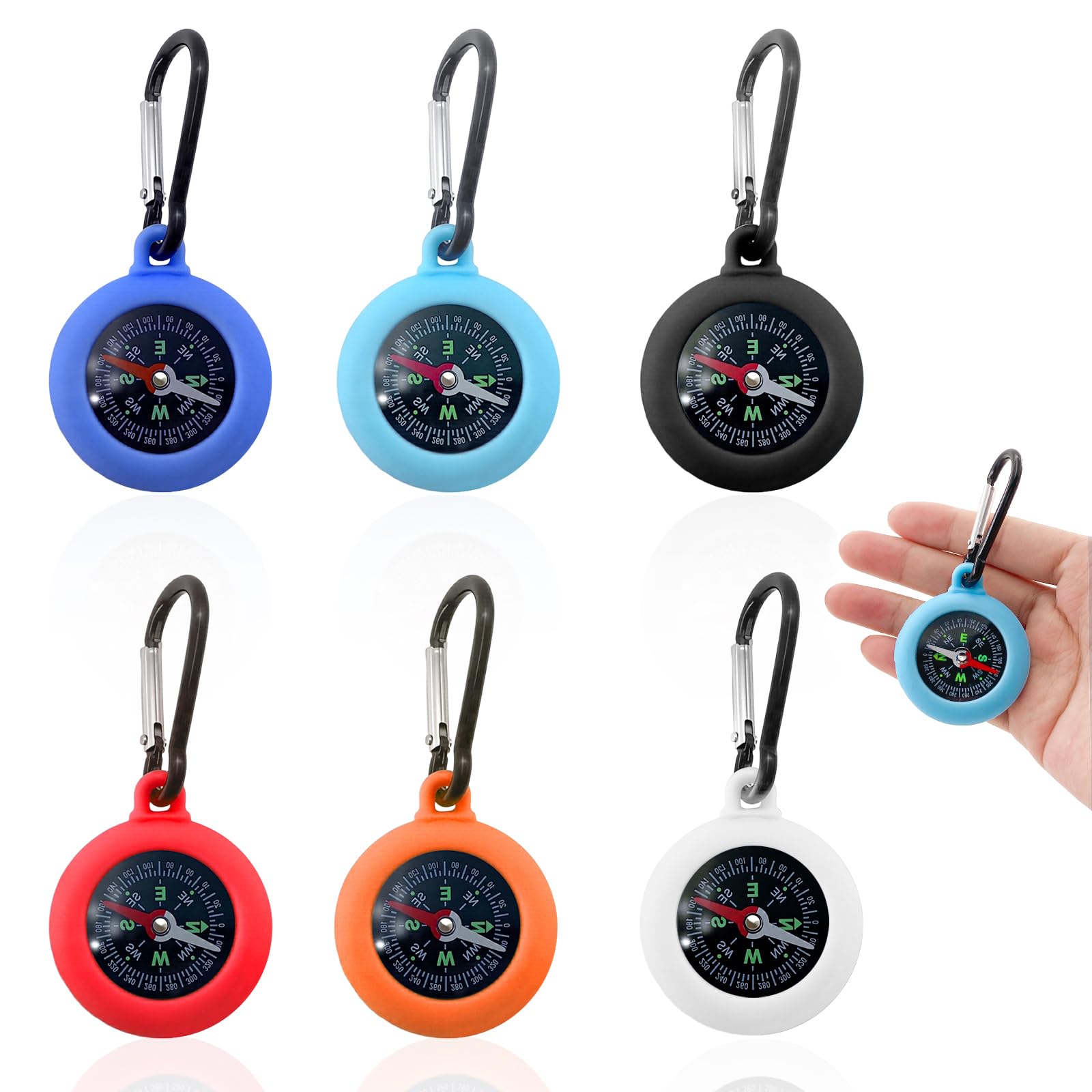 6 Pièces Boussole avec Mousqueton 2 en 1, Mini Boussole de Camping Multicolore pour Randonnée Enfants, Porte-Clés Étanche Résistant à l'eau pour Extérieur, Urgence, Cadeau