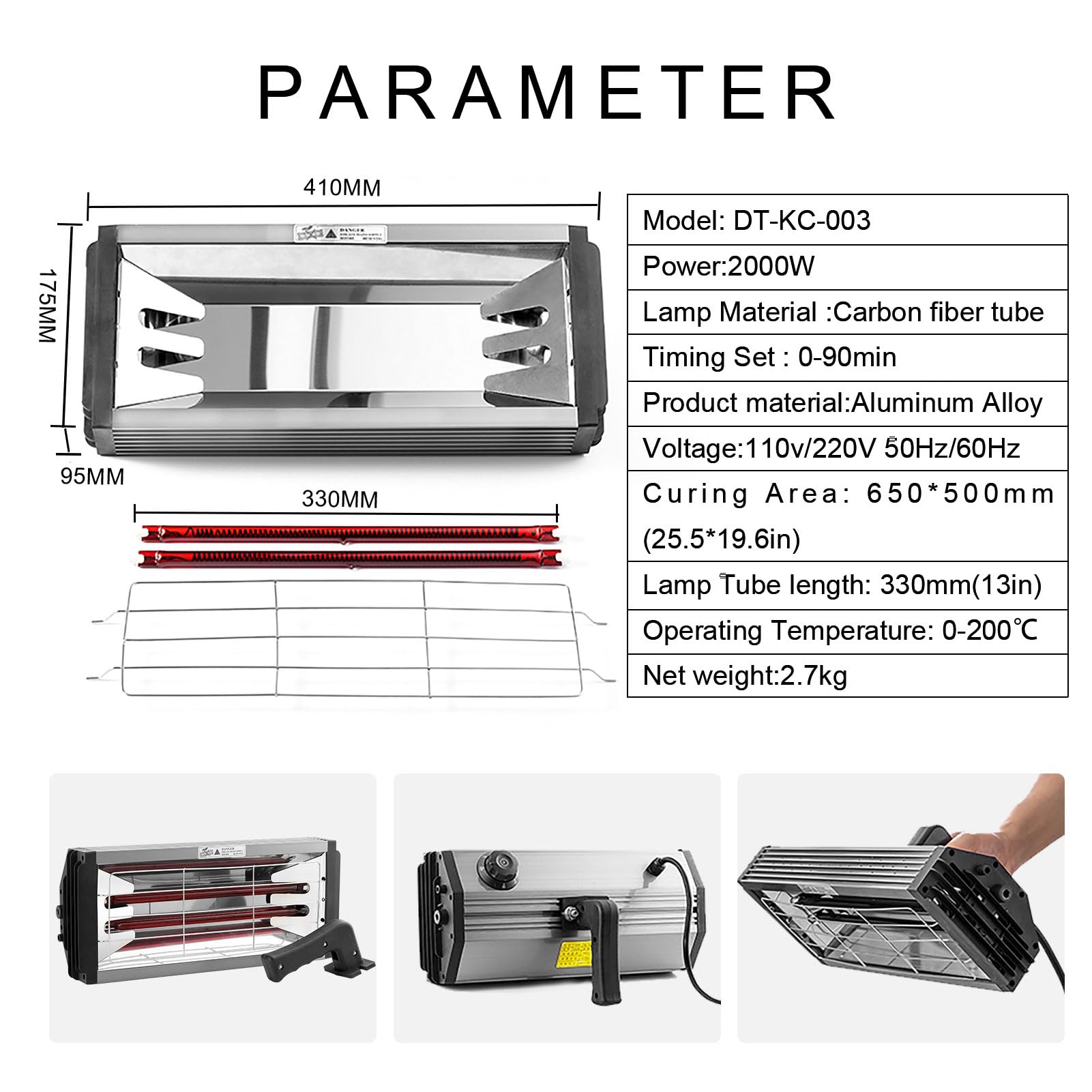 DATOUBOSS 2000W Lampe de Séchage de Peinture Infrarouge de Cuisson, Lampe de polymérisation de Peinture Infrarouge à Ondes Courtes réparation de carrosserie avec support et un timing intelligent
