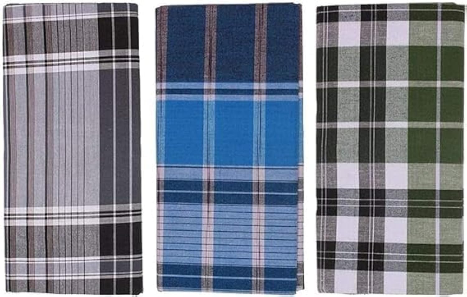 Handloom Cotton Checked Lungi/Dhoti/Sarong/Wrap for Mens - 3 Piece Combo Pack, Multi-Coloured,