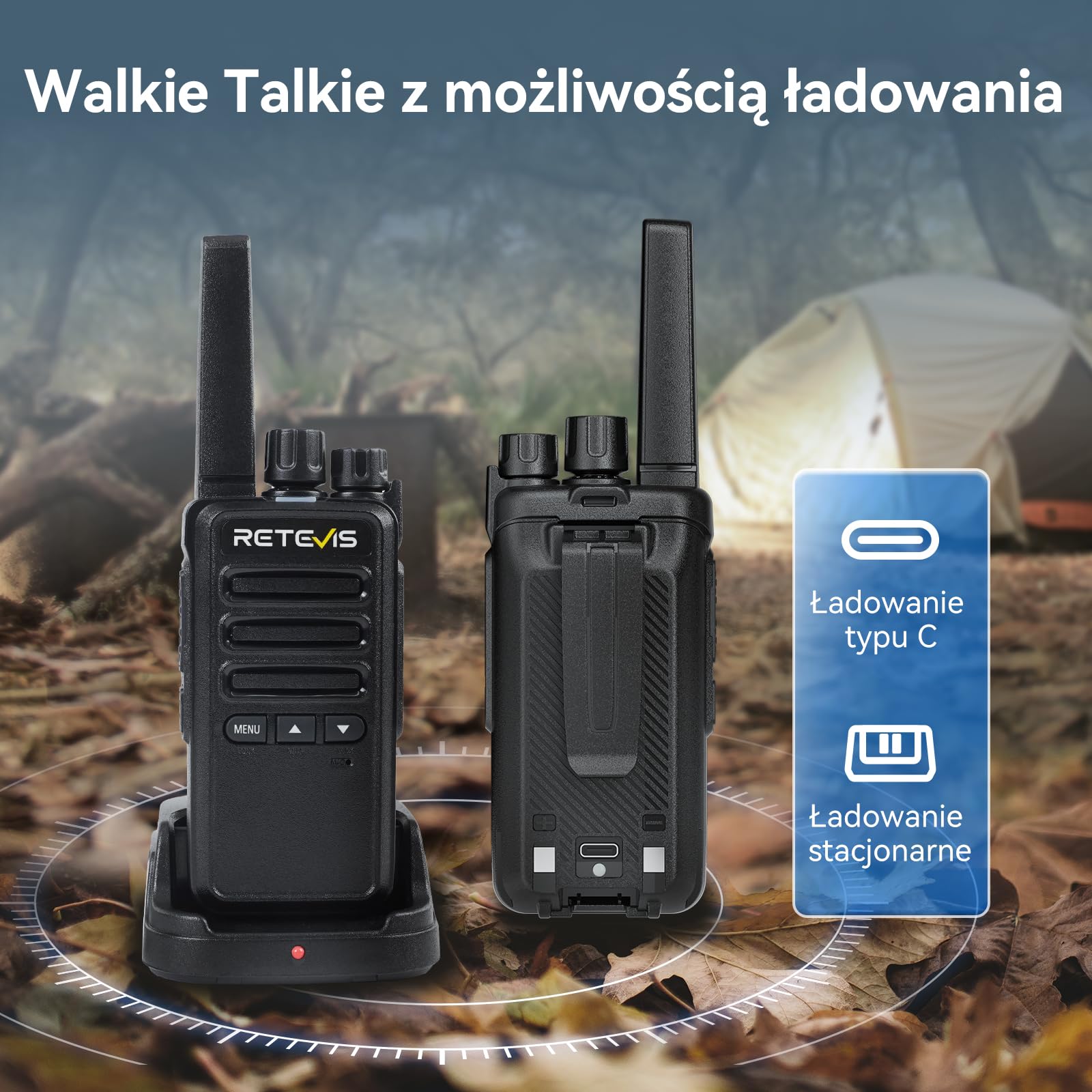 Retevis RT668B Walkie Talkie, PMR446 Radio Walkie Talkie dla Dorosłych, bez Licencji, VOX, 16 Kanałów, CTCSS/DCS, Ze słuchawką, Wytrzymałe Radio Dwukierunkowe do Podróży, kKempingu (Czarne, 2 szt)