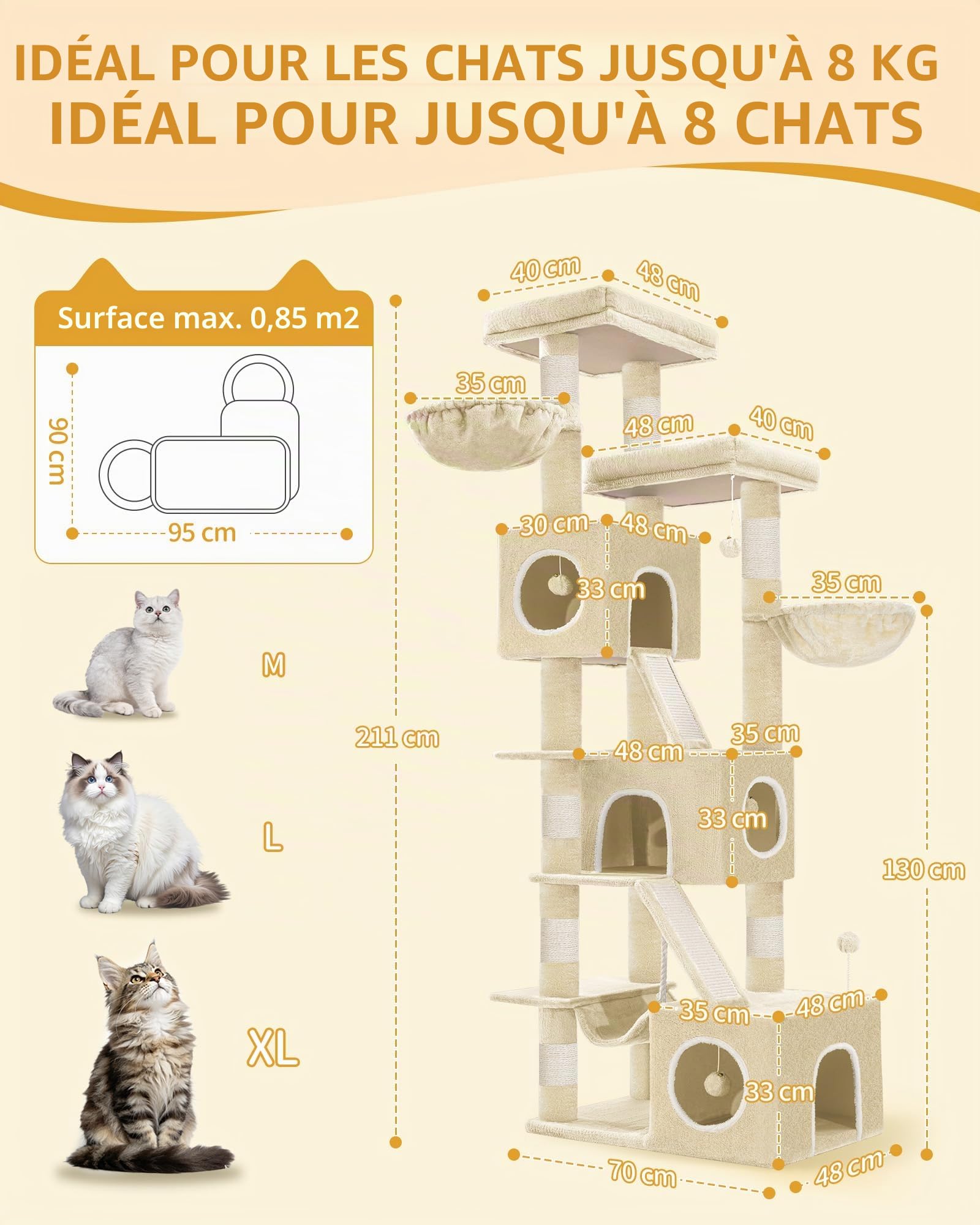 Hzuaneri Arbre à Chat, XXL, Hauteur 209 cm, avec 7 Griffoirs, 3 Niches, 2 Plateformes, 2 Planche à Gratter, Panier, Hamac, Balle en Peluche, Arbre à Chat à Plusieurs Niveaux, Beige MS20918YL
