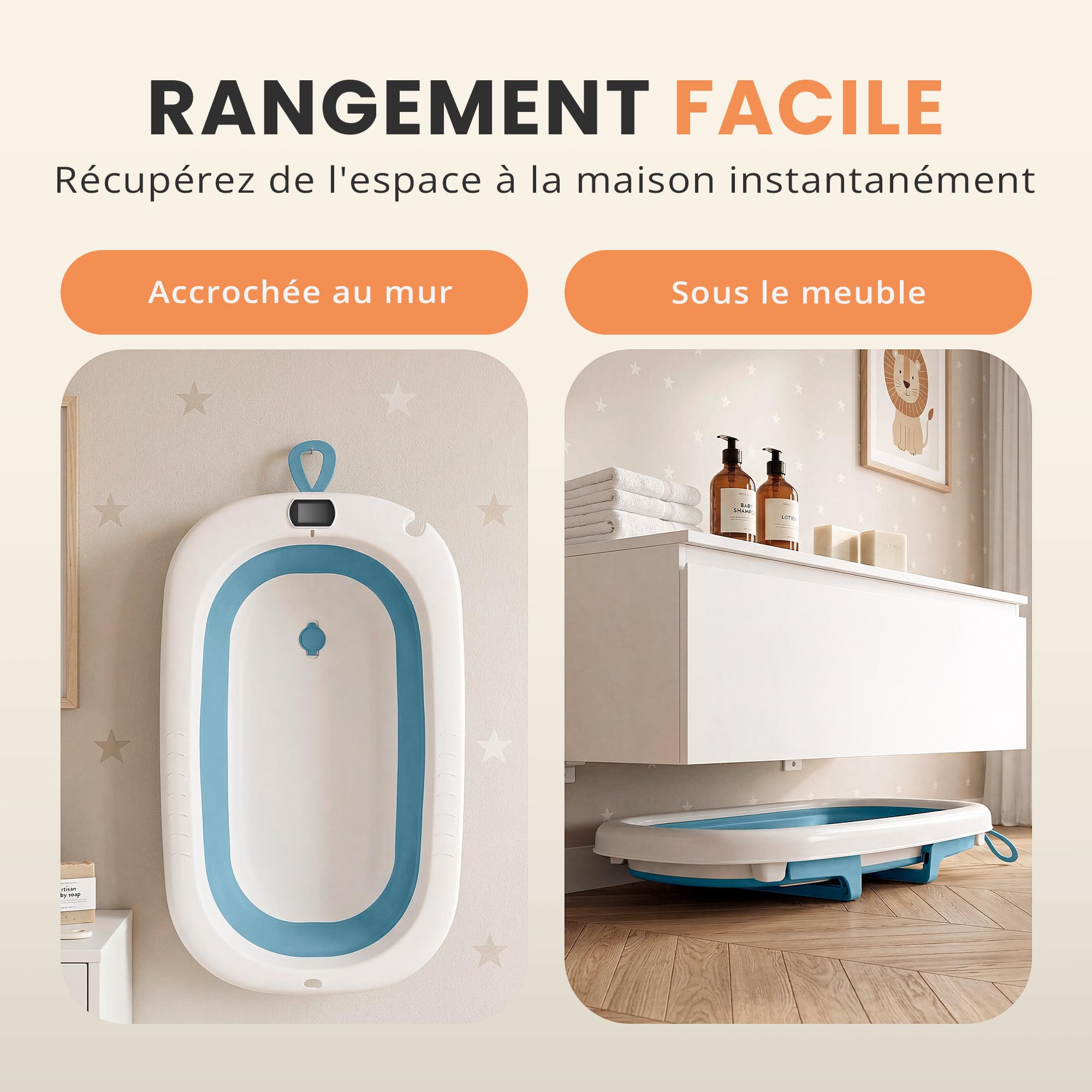 JUPPLIES Baignoire Pliable Bébé avec Coussin Ergonomique et Thermomètre Digital – 75x45x20 cm Bleu