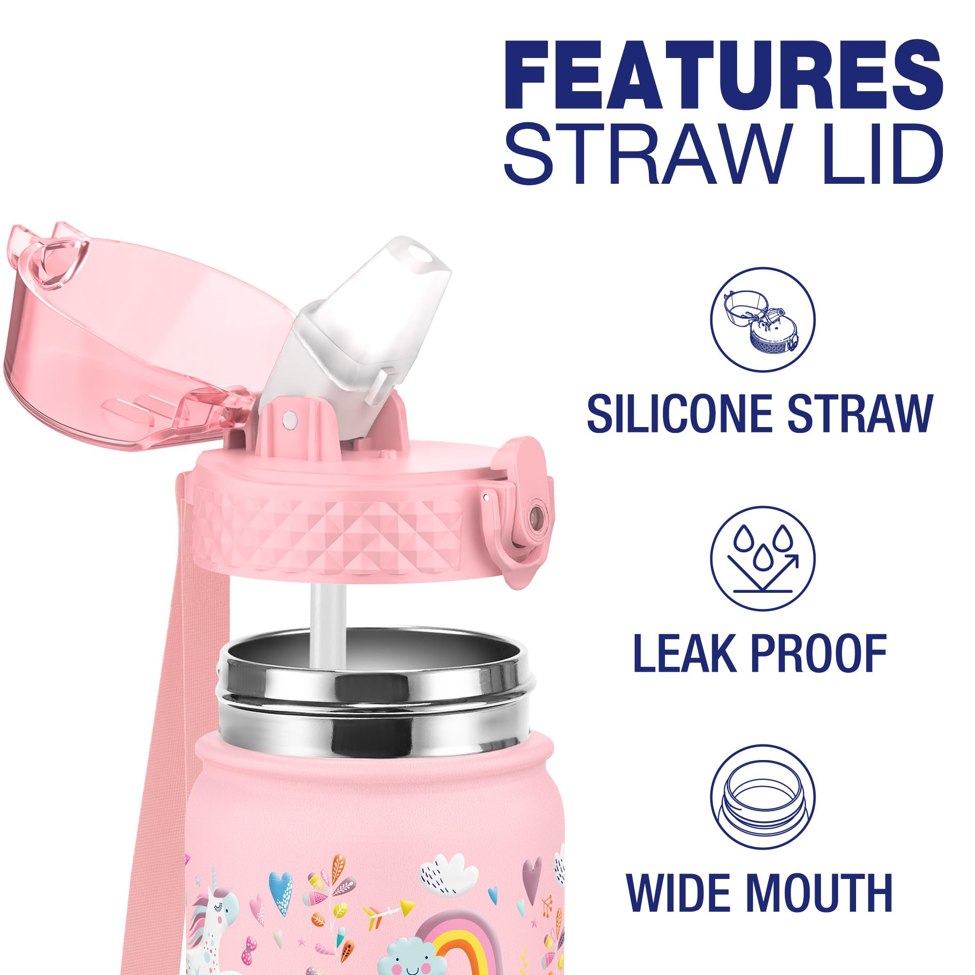 GOPPUS 550ml/18oz Kids Insulated Water Bottle with Straw Cute Double Wall Stainless Steel Child's Small Flask Vacuum Insulated Steel Metal Leak Proof Drink Flask Boys Toddler Girls Flask BPA-Free - Image 2