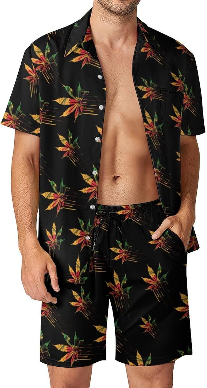 Weed Leaf Men's Hawaiian Beach Suit Casual Button Down Short Sleeve Shirts Set Vacation Outfits