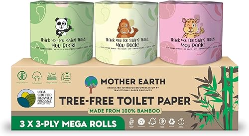 MOTHER EARTH Papel higiénico de bambú orgánico, 400 hojas de 3 capas, 12 megarrollos hipoalergénicos, ecológico y certificado FSC, seguro para disponible en Yaxa Costa Rica