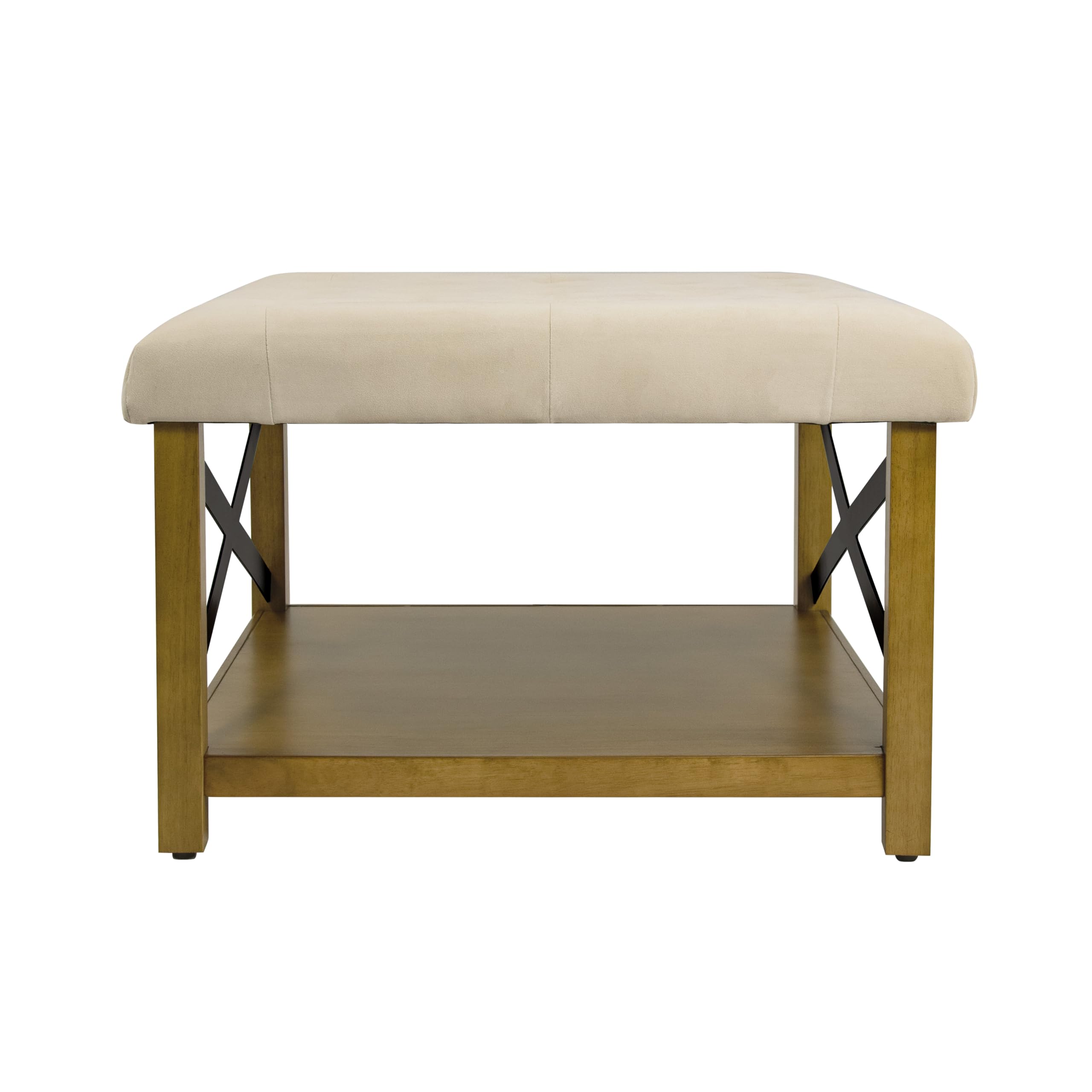 Upholstered Bench with Wood Frame and Shelf, Beige