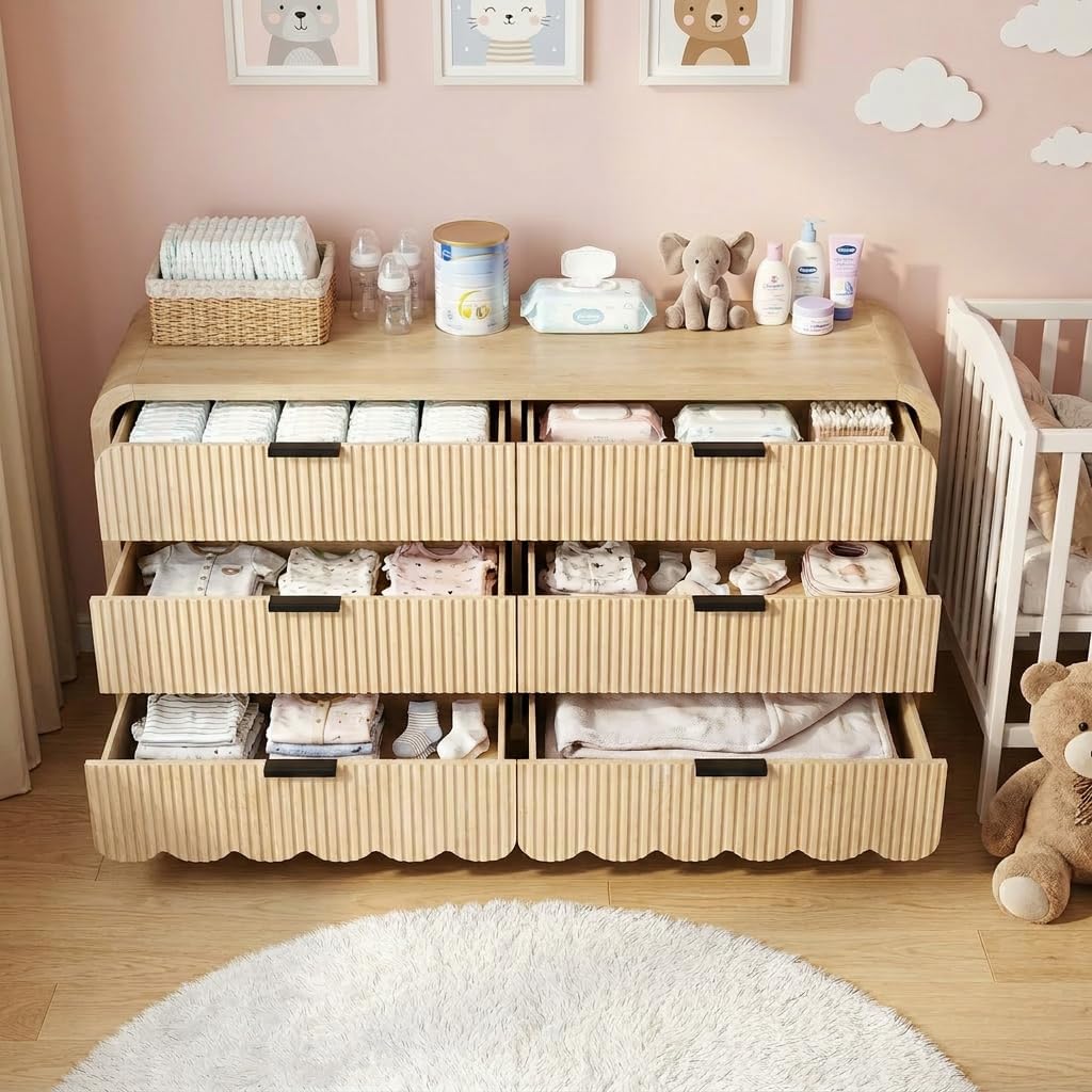 59" Scalloped Dresser for Nursery,Fluted 6 Drawer Wooden Dressers,Boho Long Dresser for Bedroom Kids Room, Living Room, TV Stand