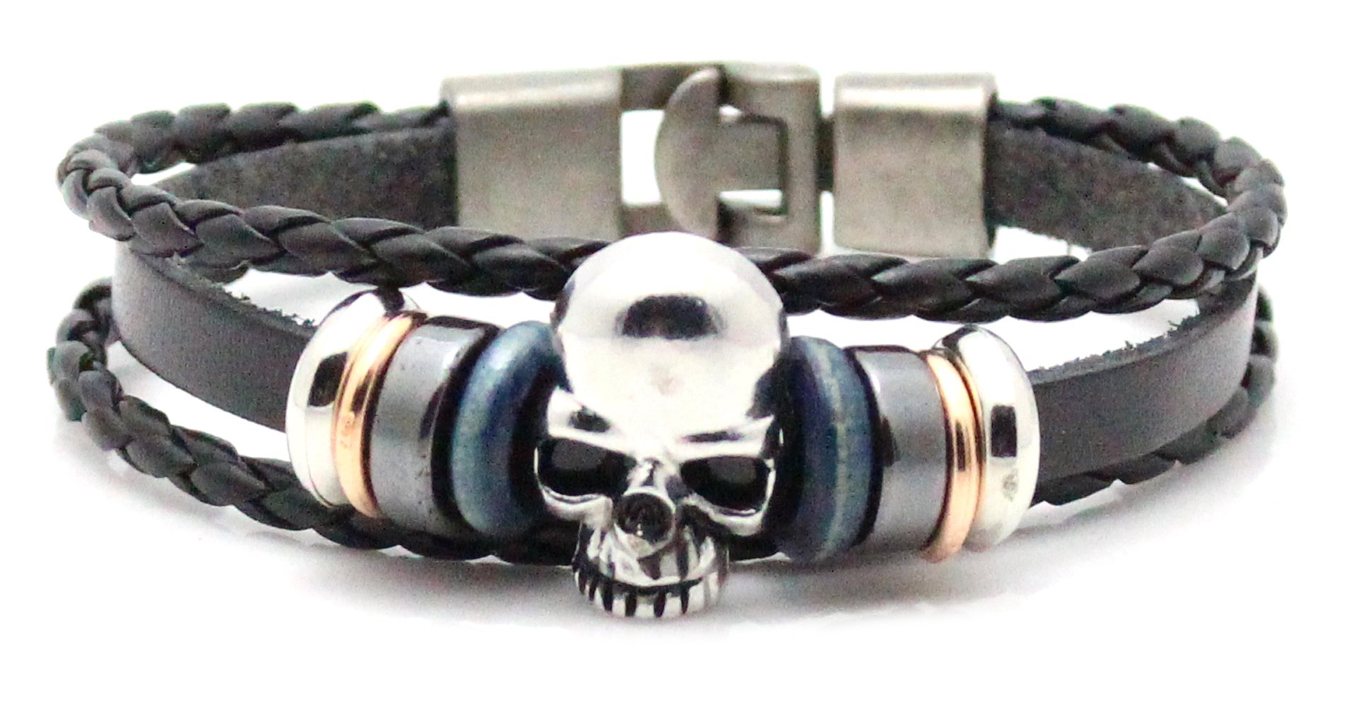 Kamellusone Punk Alloy Bead Skull Leather Bracelet Bangle,7.5inches