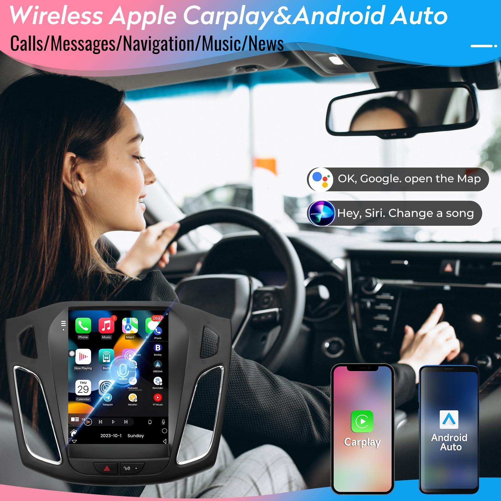 Upgrade 5GWiFi (4G RAM 64G ROM) Radio for Ford Focus 2012-2018 - Android 13 Car Stereo with Carplay/Android Auto 10.4 Inch IPS Touchscreen with GPS FM/AM SWC Bluetooth 1080P Backup Camera