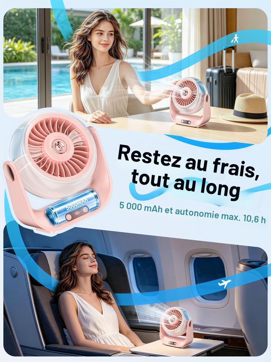 Ventilateur Brumisateur Bureau - 5000mAh Mini Ventilateurs Silencieux de Table avec 5 Vitesses, Ecran LED & Réglable à 90°, Petit Table Fan USB Rechargeable pour Chambre Bureau Extérieur (Rose)