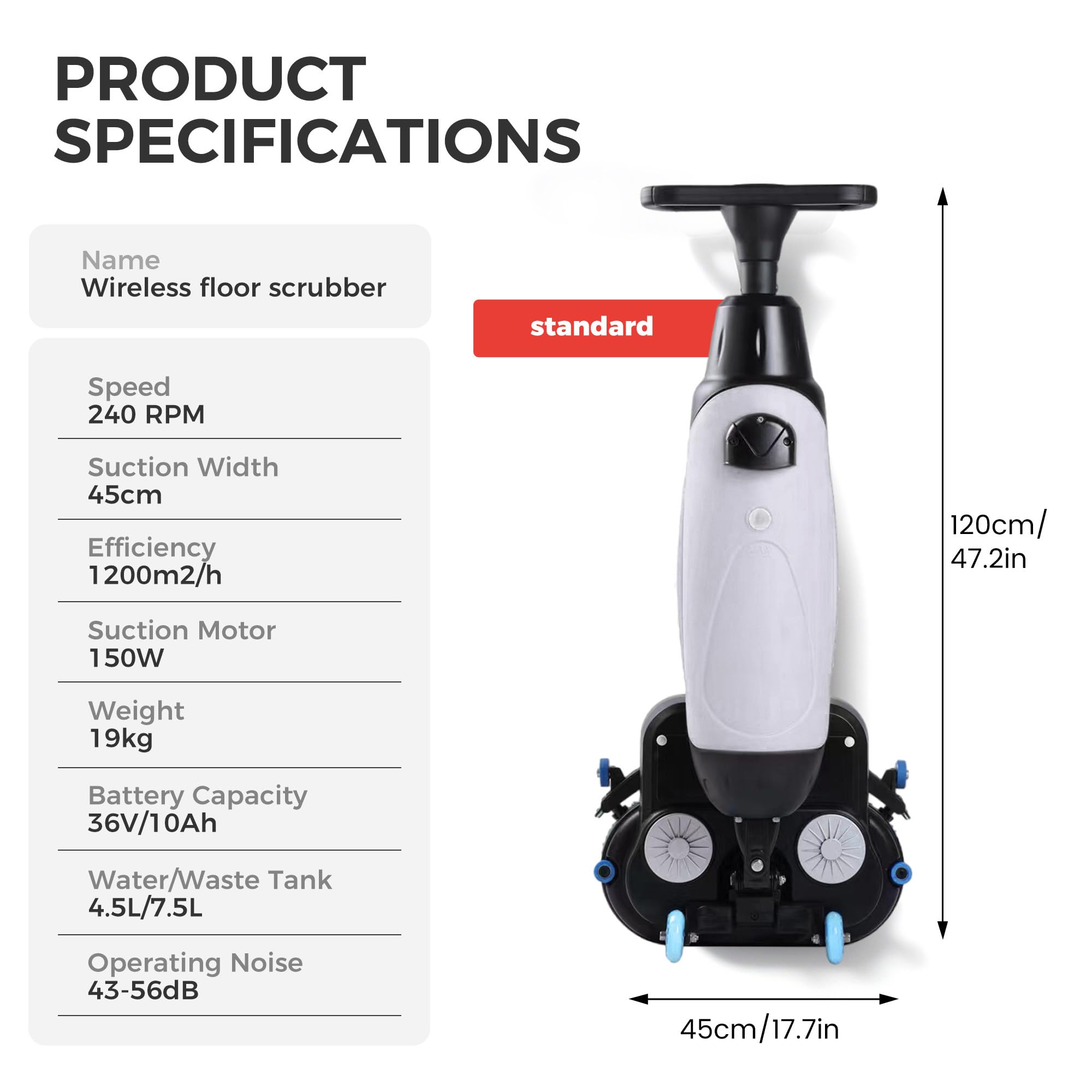 fregadora de Suelos, fregadora autopropulsada, Ancho de Limpieza 17", cepillos Dobles, Cabezal Giratorio 360°, fregadora y abrillantadora, para Uso doméstico, Oficina, hotelero White-Standard
