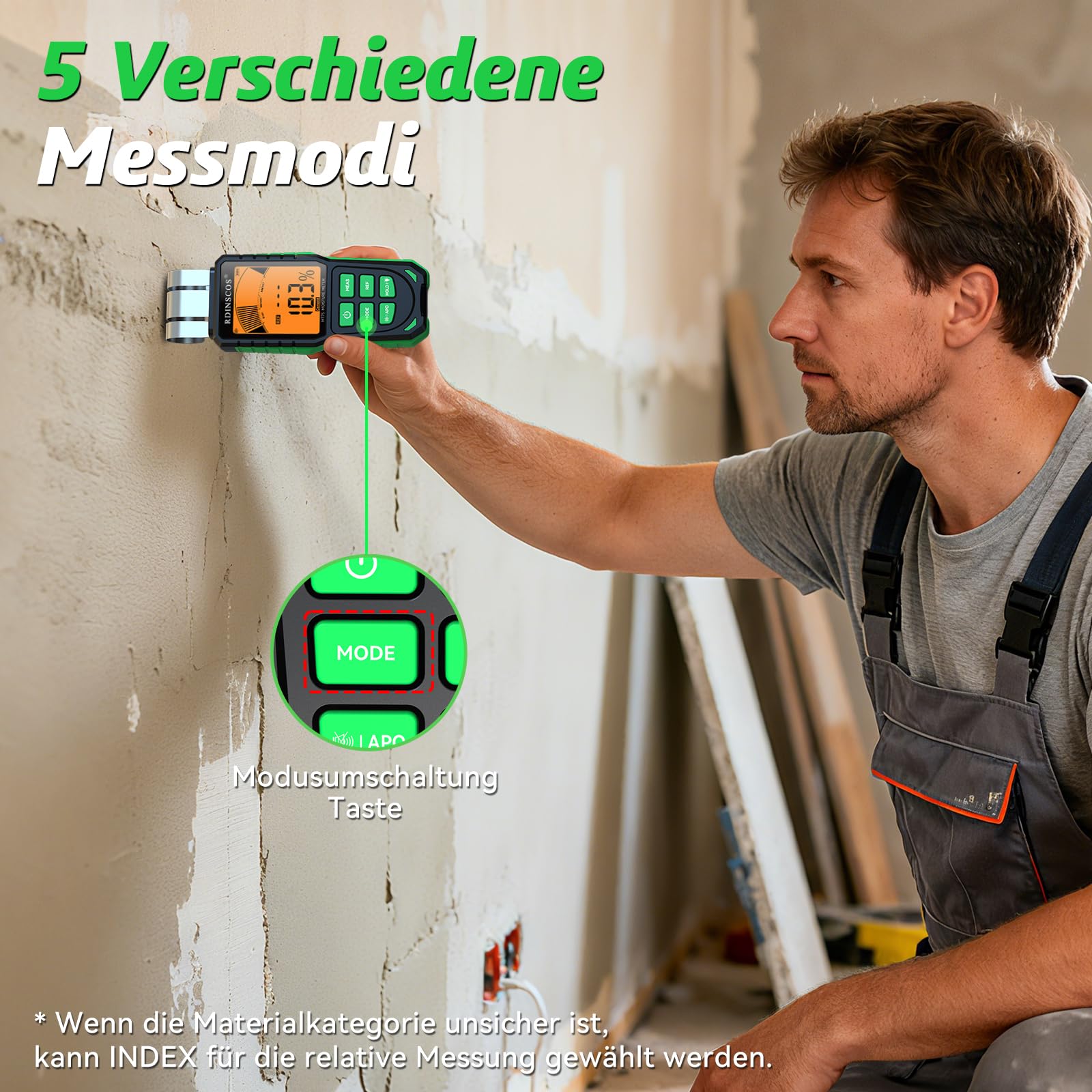 RDINSOCS Medidor de Humedad Sin Aguja, Higrómetro por Inducción para Madera, Papel, Pladur, Hormigón, con Batería y Pantalla LCD